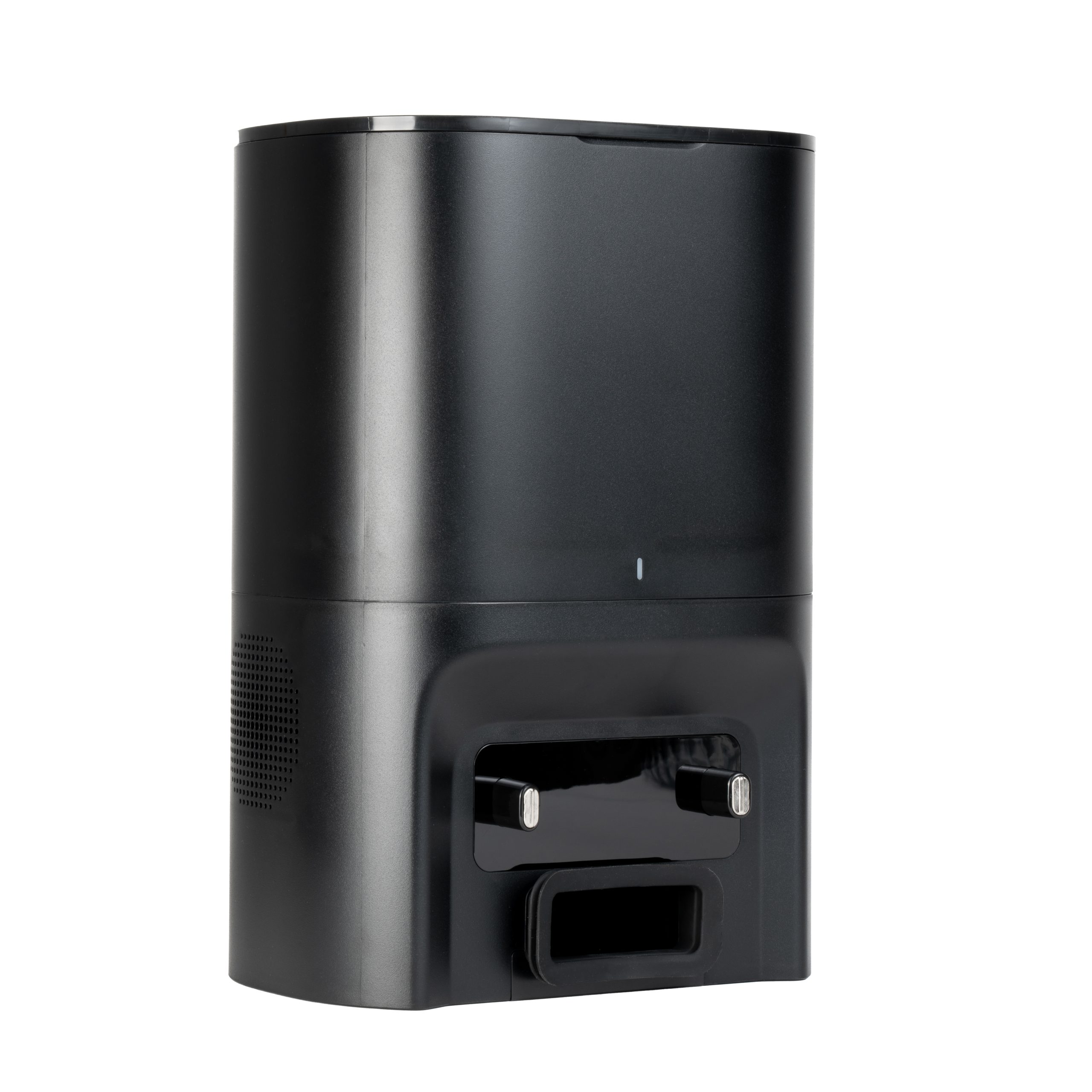 Un recipiente negro y rectangular con contactos de carga y una ranura rectangular.