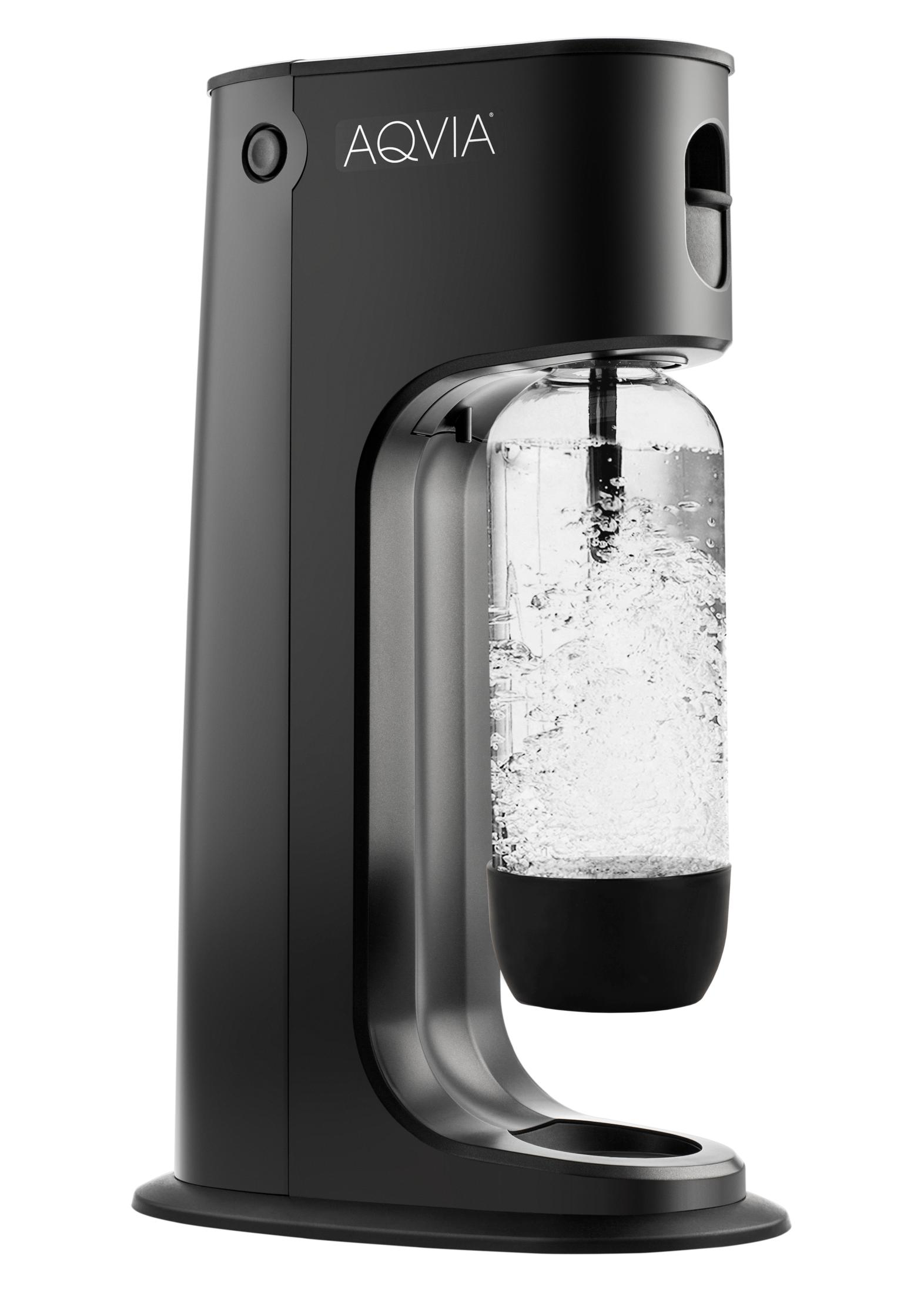 Ein schwarzer Wassersprudler mit einem Glasbehälter, der sprudelndes Wasser enthält.