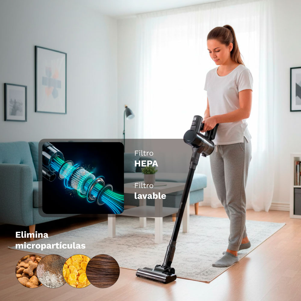 Una mujer aspira sala con aspiradora de escoba. Primer plano de filtro HEPA.