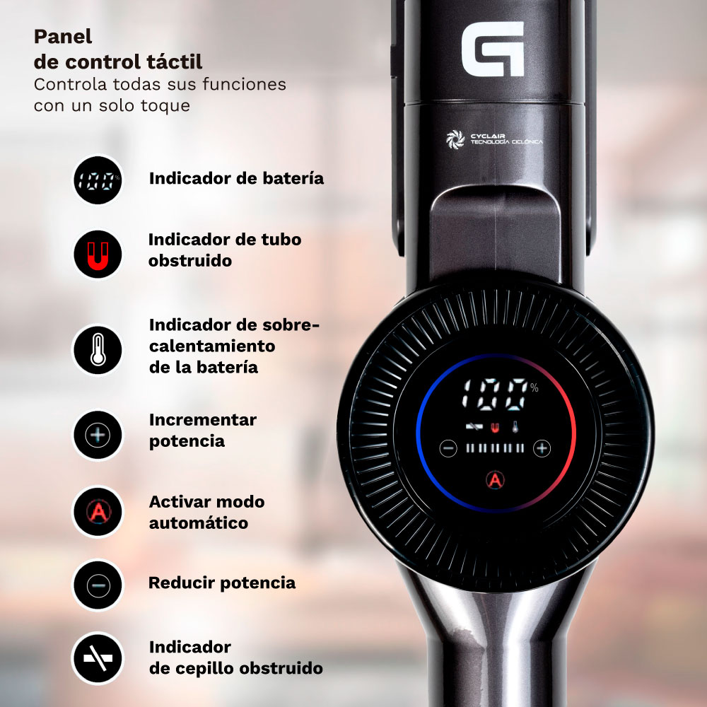Panel de control de aspiradora con indicadores de batería, obstrucción y potencia.