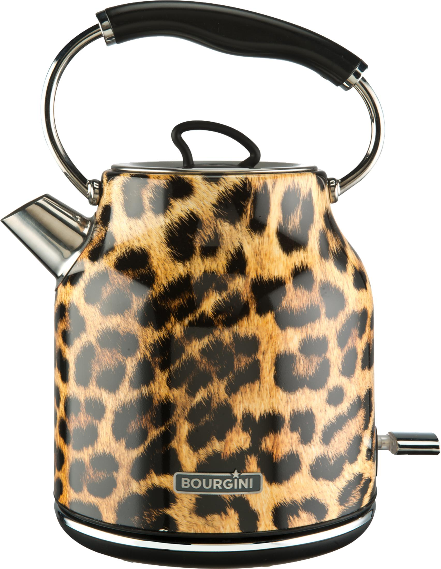 A leopard-print electric kettle with a silver spout and black handle.