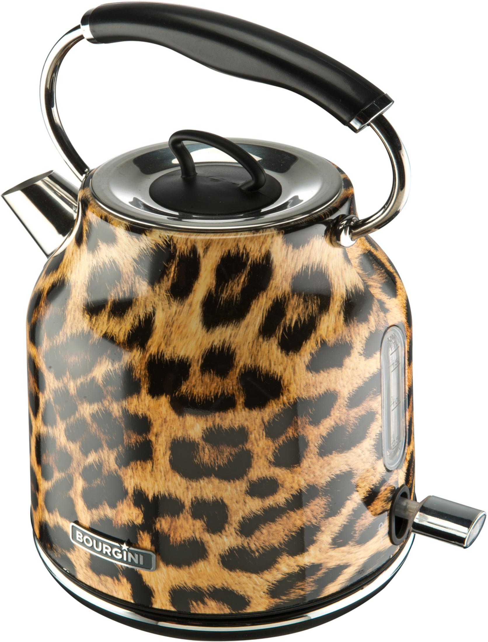 A leopard print kettle with a black handle.