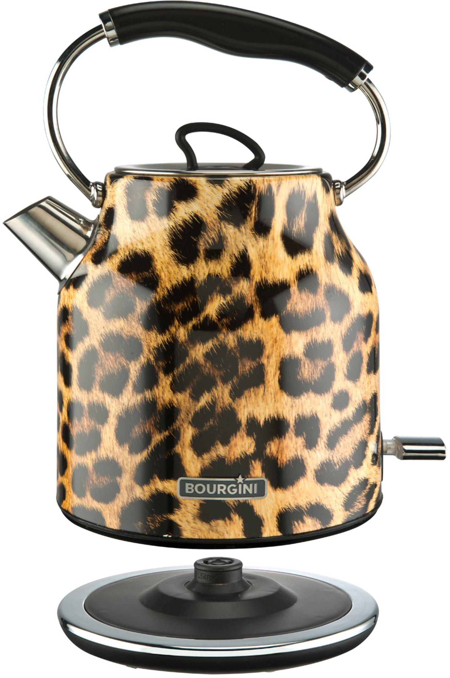A leopard print kettle with a chrome handle and base.