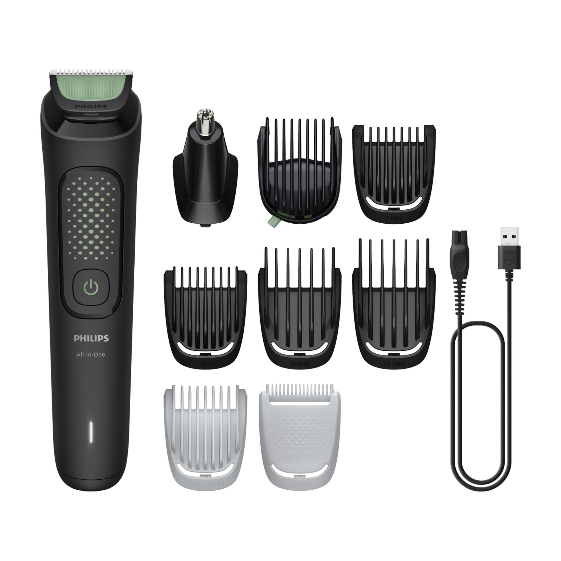 Czarny trymer Philips All-in-One z nasadkami i kablem ładującym USB.