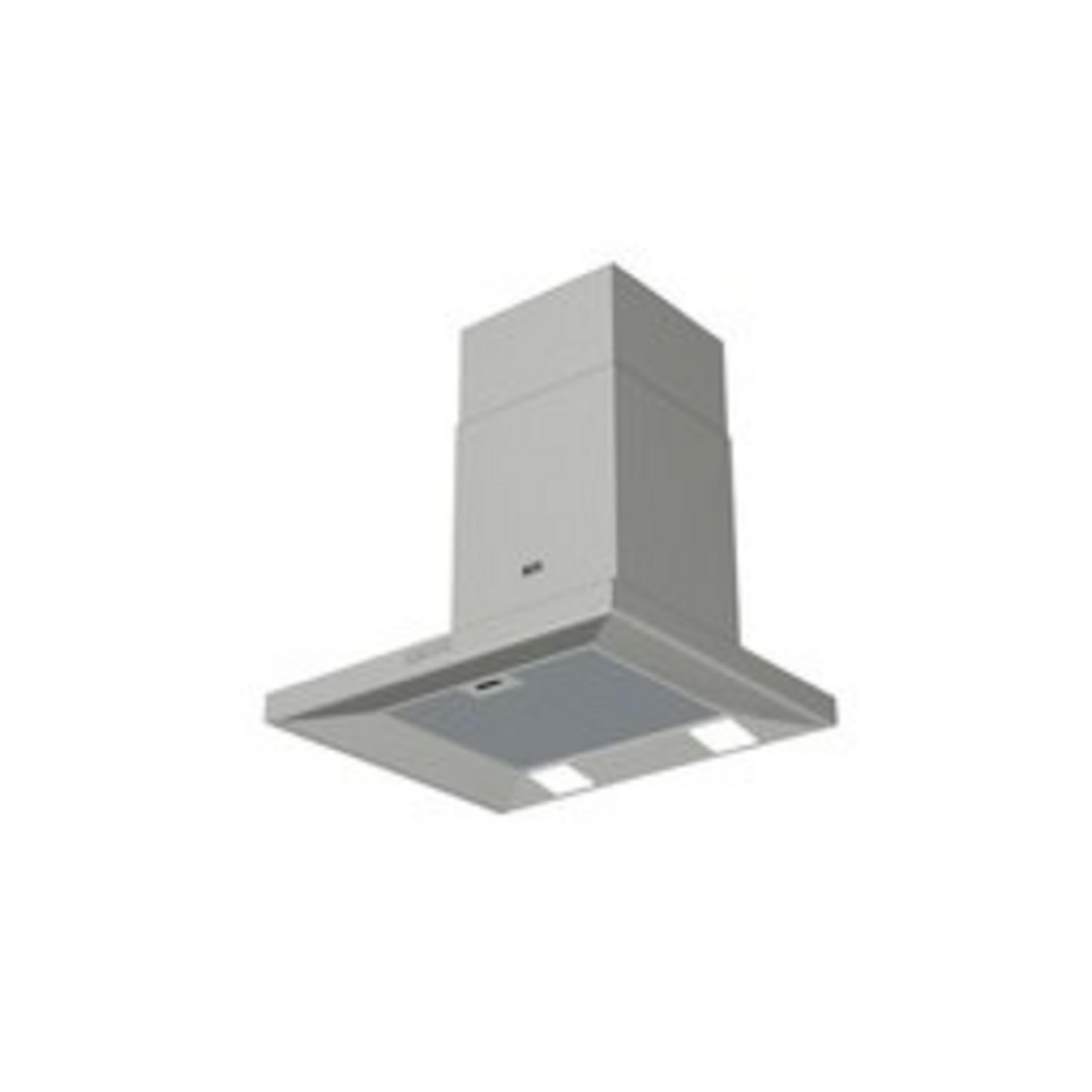 Een grijze afzuigkap met twee lampen aan de onderkant.