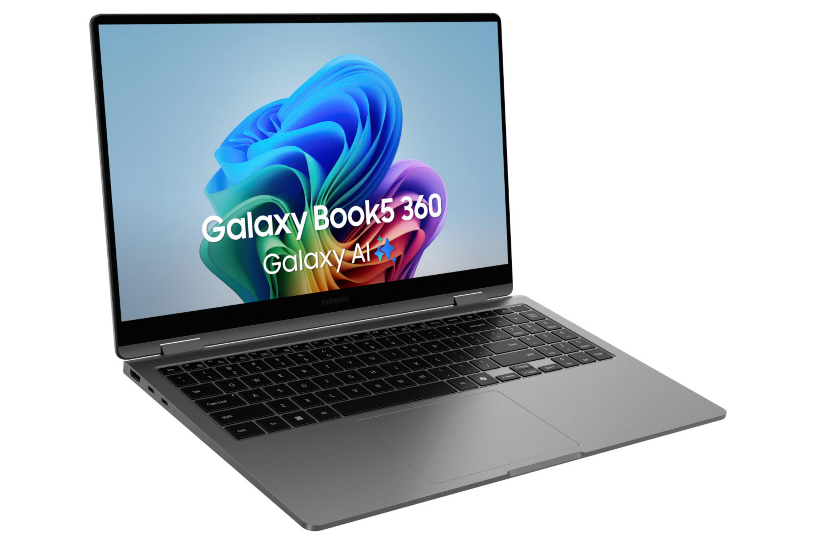 Un ordinateur portable Samsung Galaxy Book5 360 gris affichant un fond d'écran coloré.
