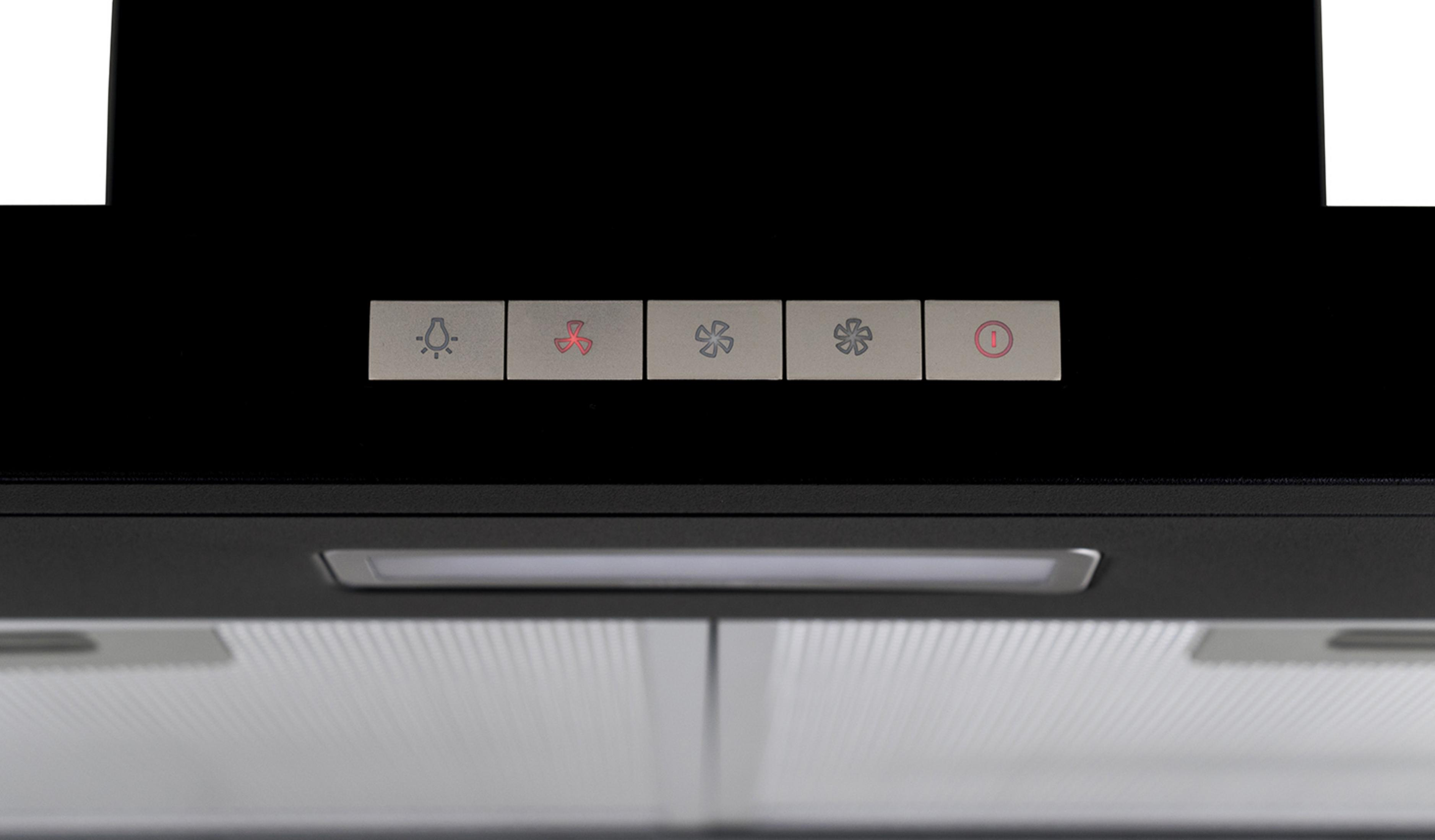 Zwart afzuigkap paneel met verlichte iconen voor licht, ventilator en aan/uit.