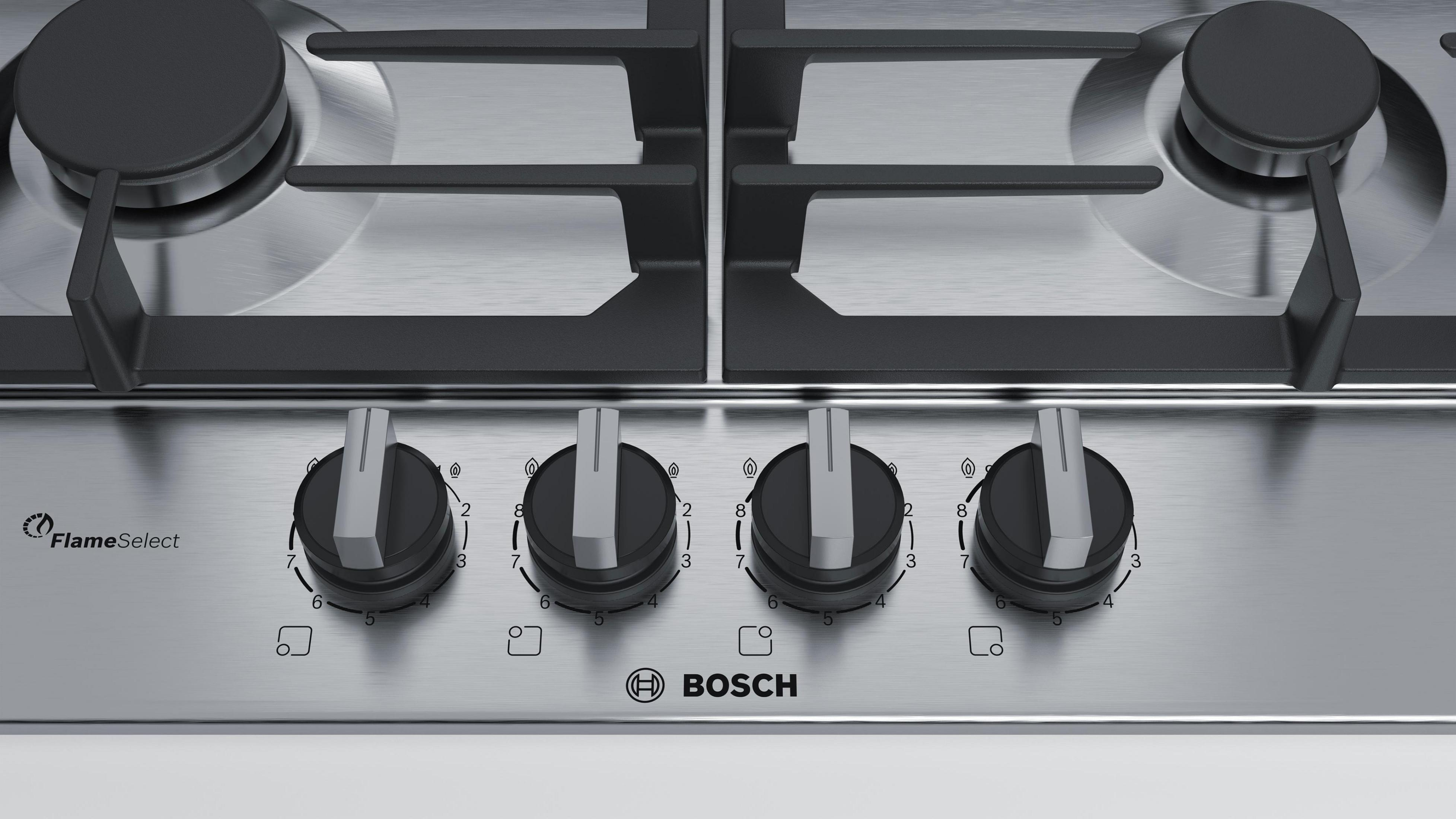 Plaque de cuisson à gaz Bosch en inox avec quatre boutons noirs et symboles de flamme.