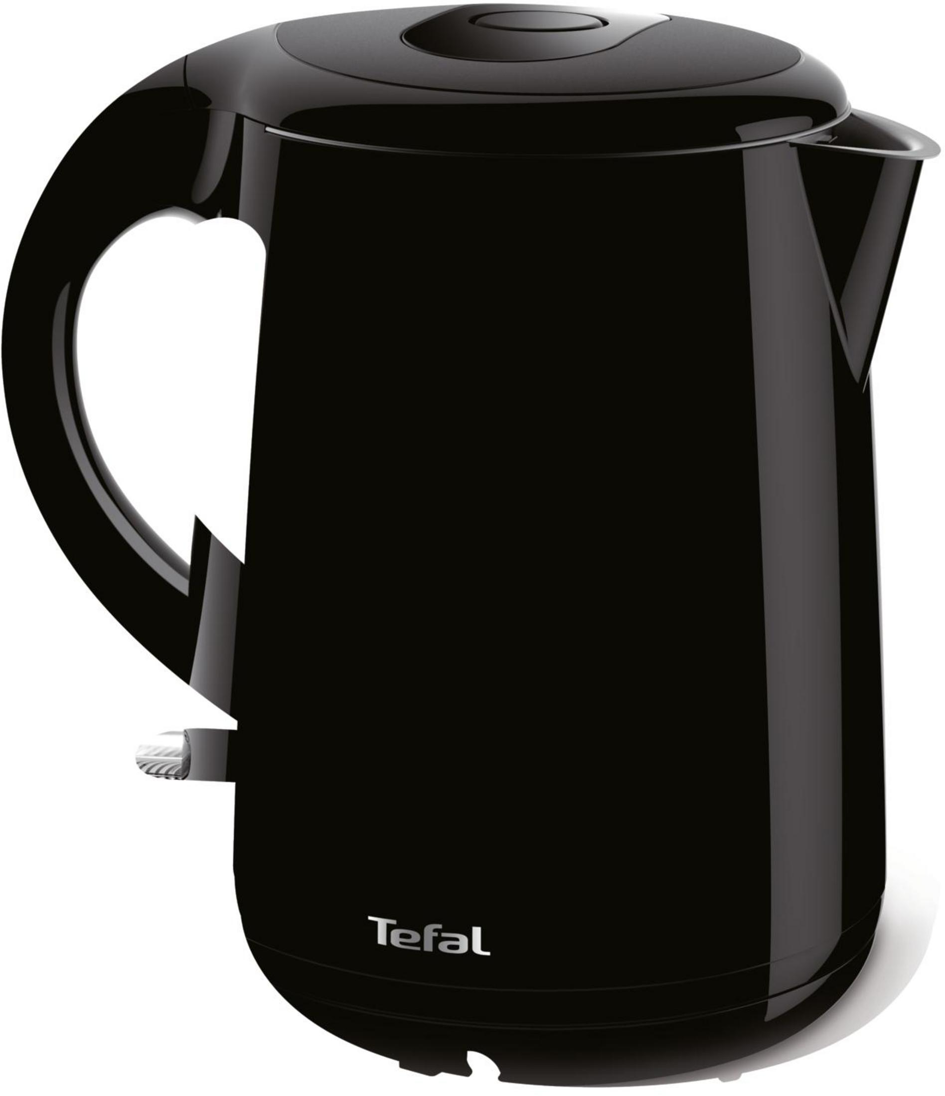 Ein glänzend schwarzer Wasserkocher mit silbernem Griff und Ausgießer.