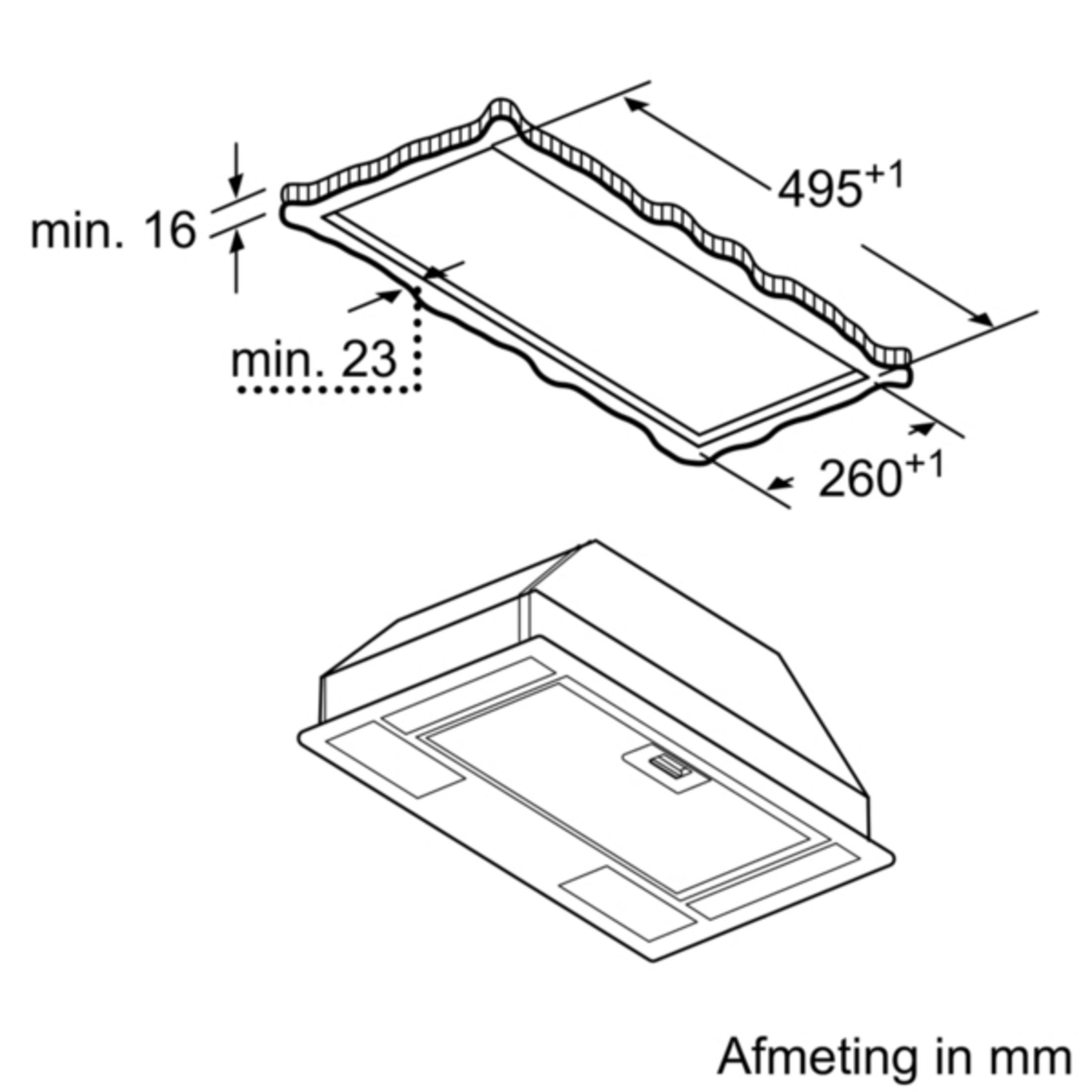 Technical drawing of a cooker hood module with dimensions in mm.