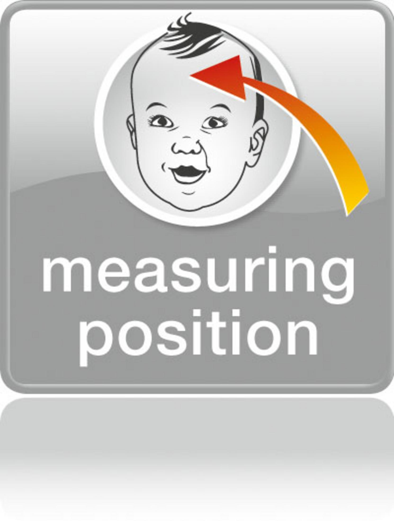 Eine Illustration eines Babys mit einem roten Pfeil auf der Stirn. Text: Messposition.