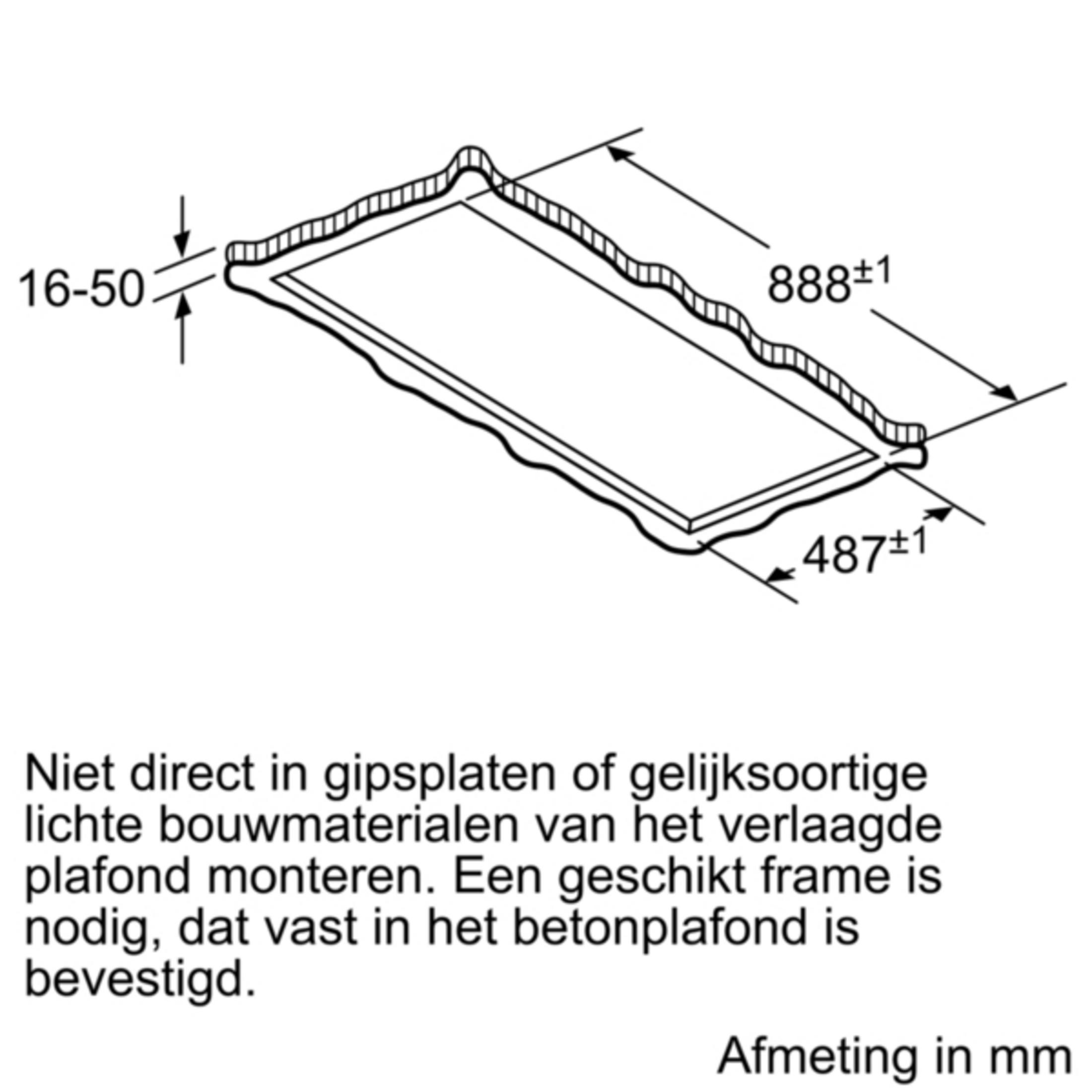 Technische tekening met afmetingen 888x487mm. Montage-instructie.