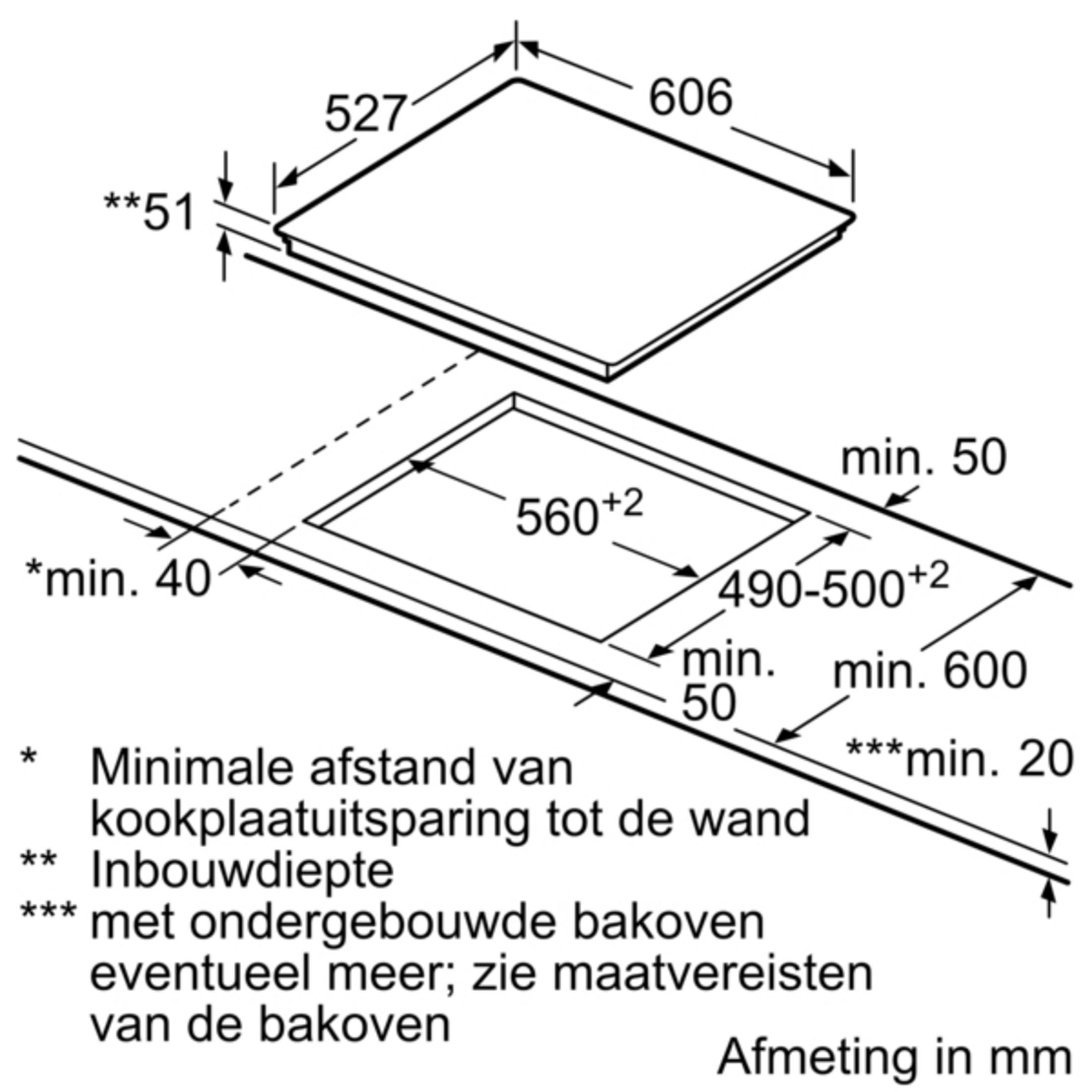 Technische tekening van een kookplaat met afmetingen in mm.