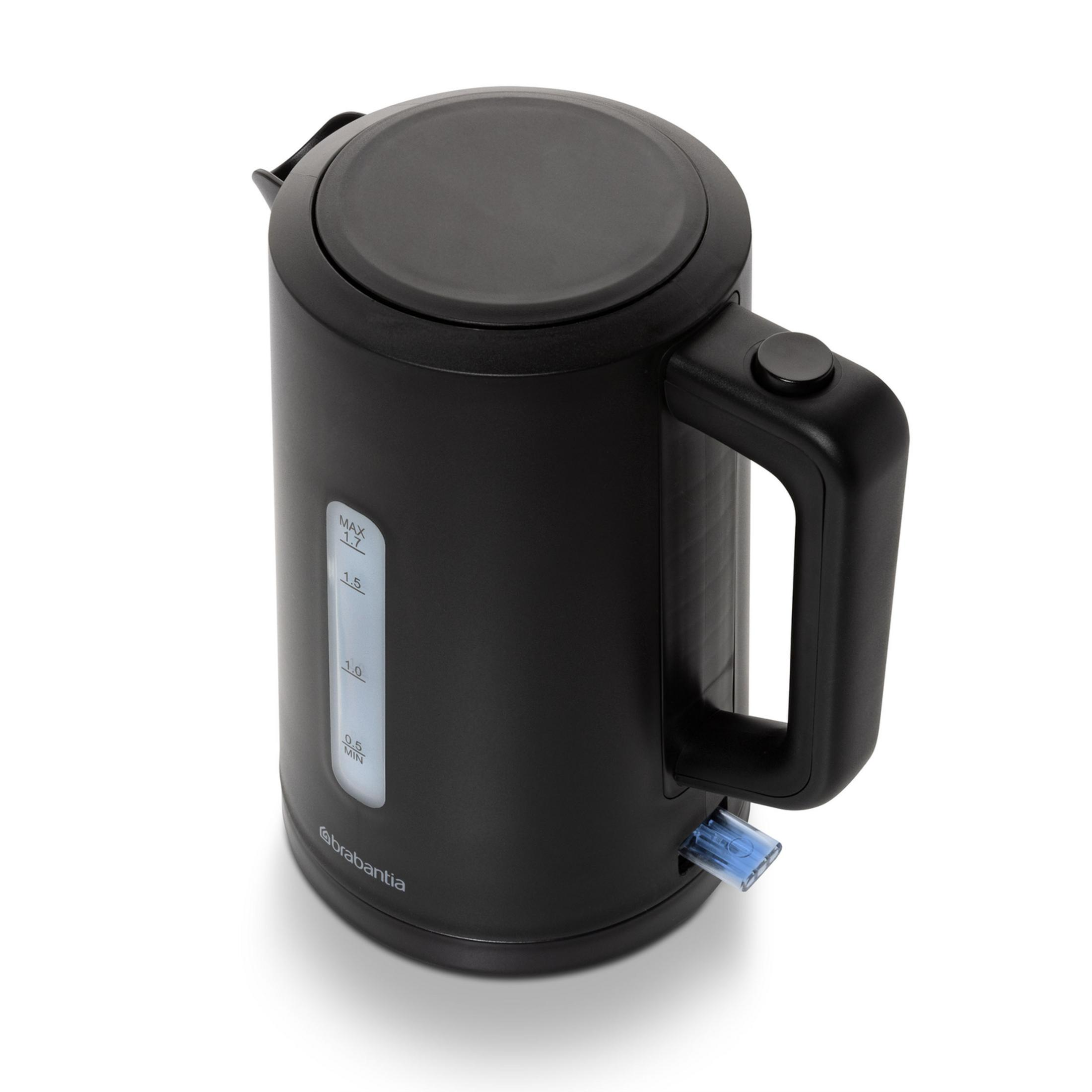 Black electric kettle with blue water level indicator and handle.