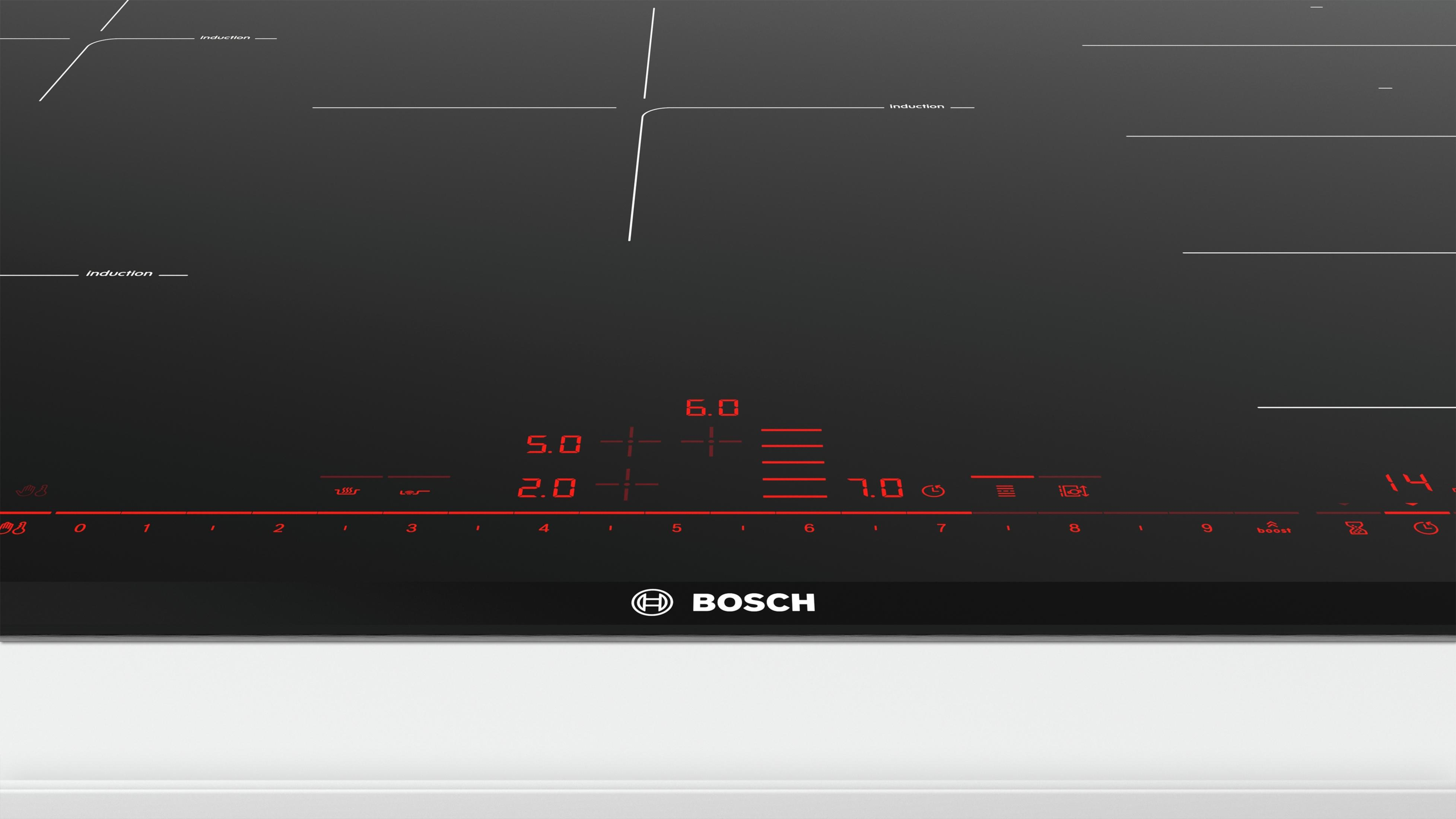 Czarna płyta indukcyjna z czerwonymi wyświetlaczami cyfrowymi i logo Bosch.