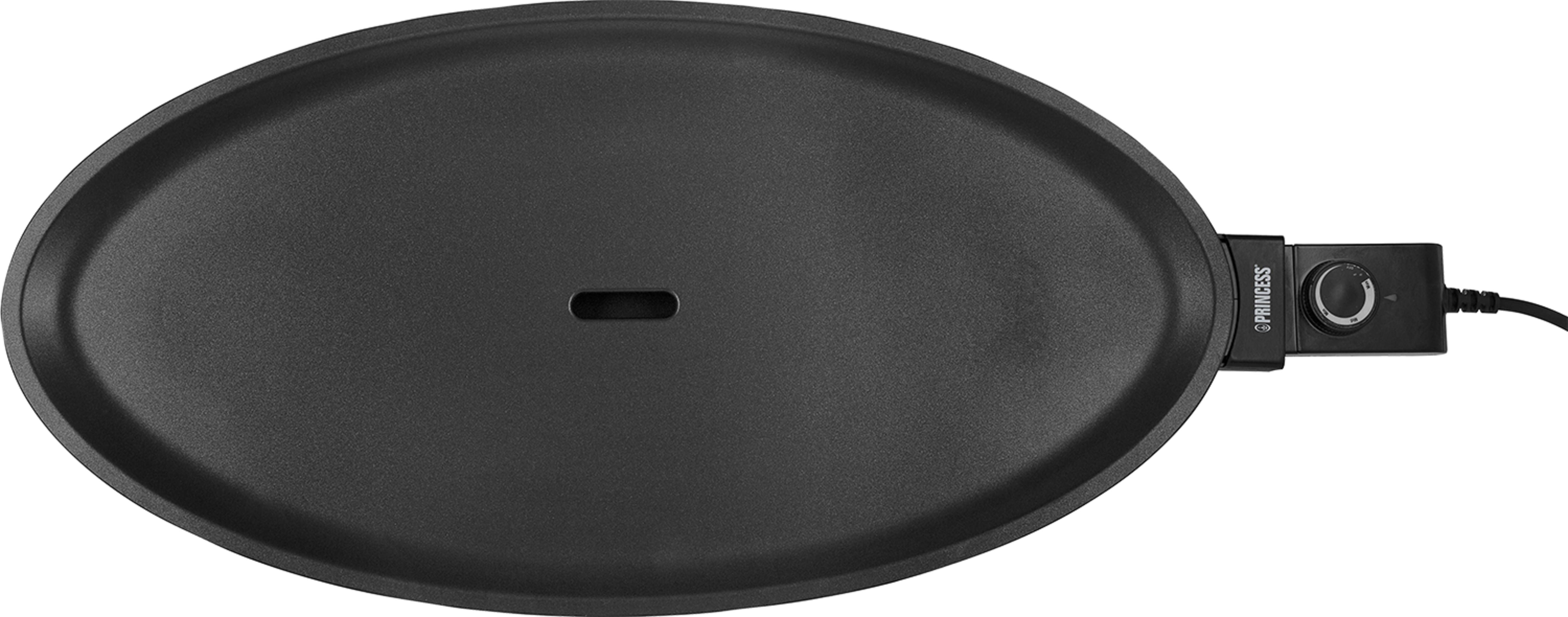 Una padella elettrica ovale nera con controllo di temperatura staccabile.