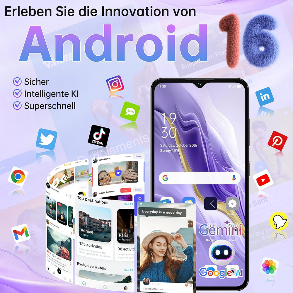 Android 16 promocional con iconos de apps y pantalla de teléfono. Seguro, IA, rápido.