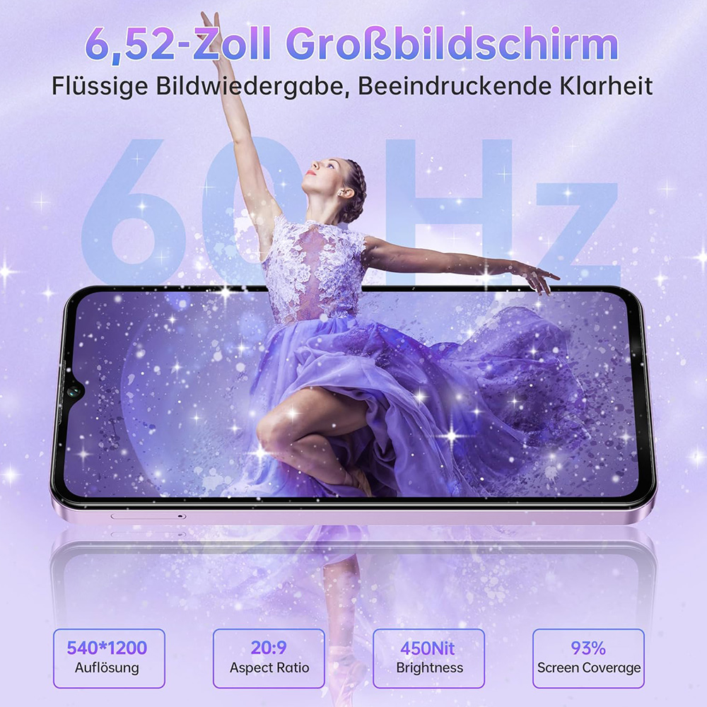 Smartphone con pantalla de 6,52 pulgadas muestra bailarina con vestido morado. 60Hz.