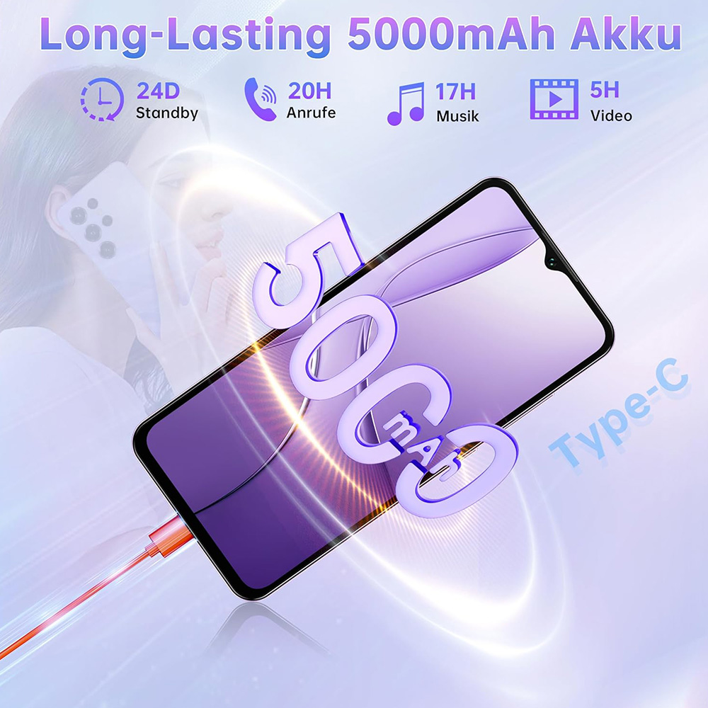 Batería duradera de 5000mAh con indicador de carga e iconos de música/vídeo.