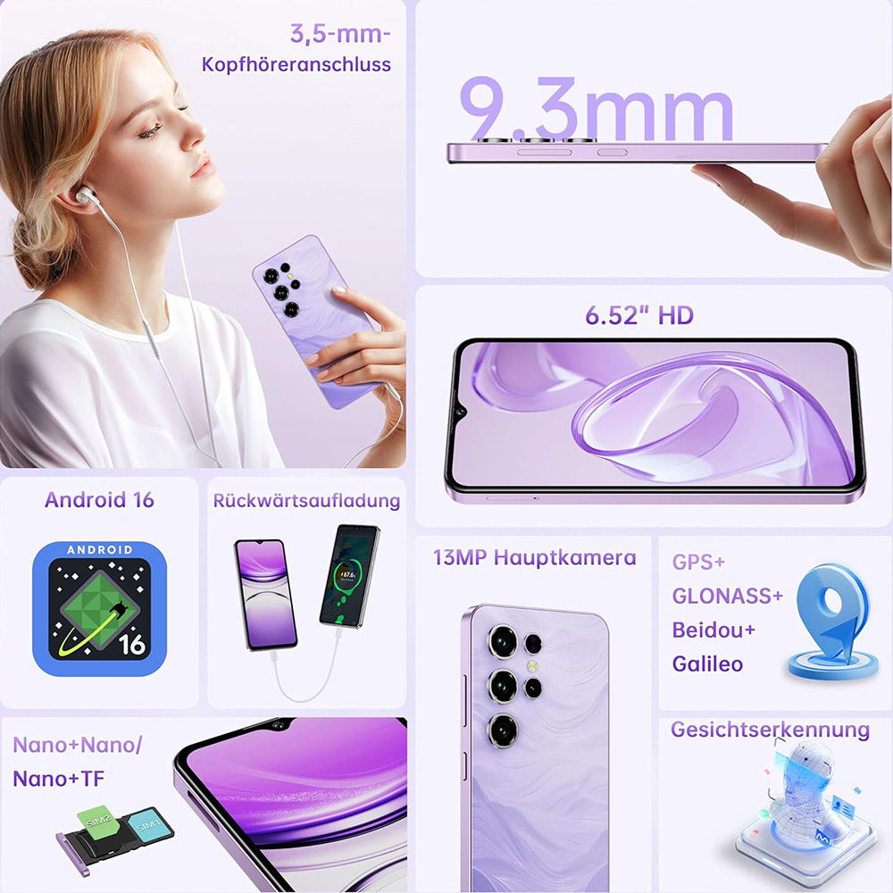 Un smartphone morado con auriculares, cámara y especificaciones de pantalla.