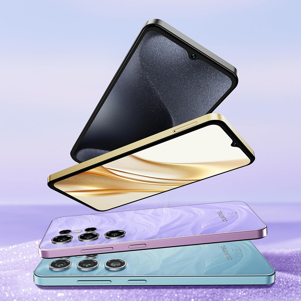 Cuatro teléfonos inteligentes en morado, turquesa, dorado y negro apilados.