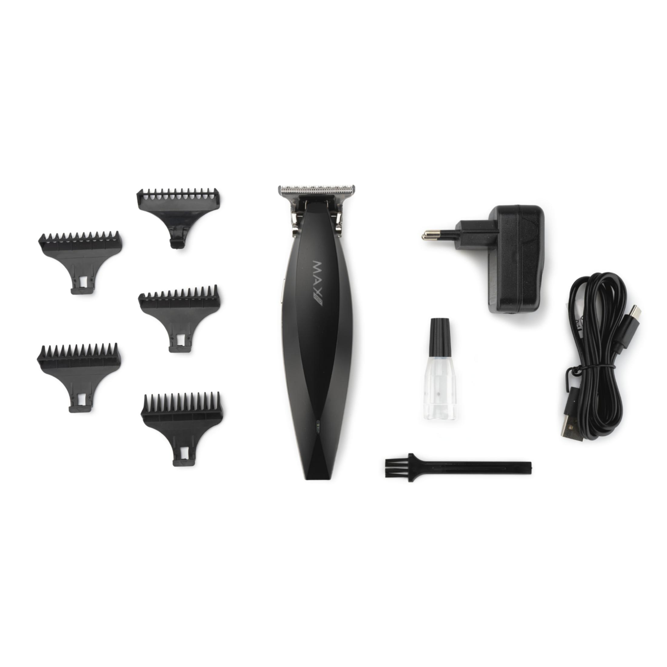 Black hair trimmer with attachments, charger, cable, and brush.