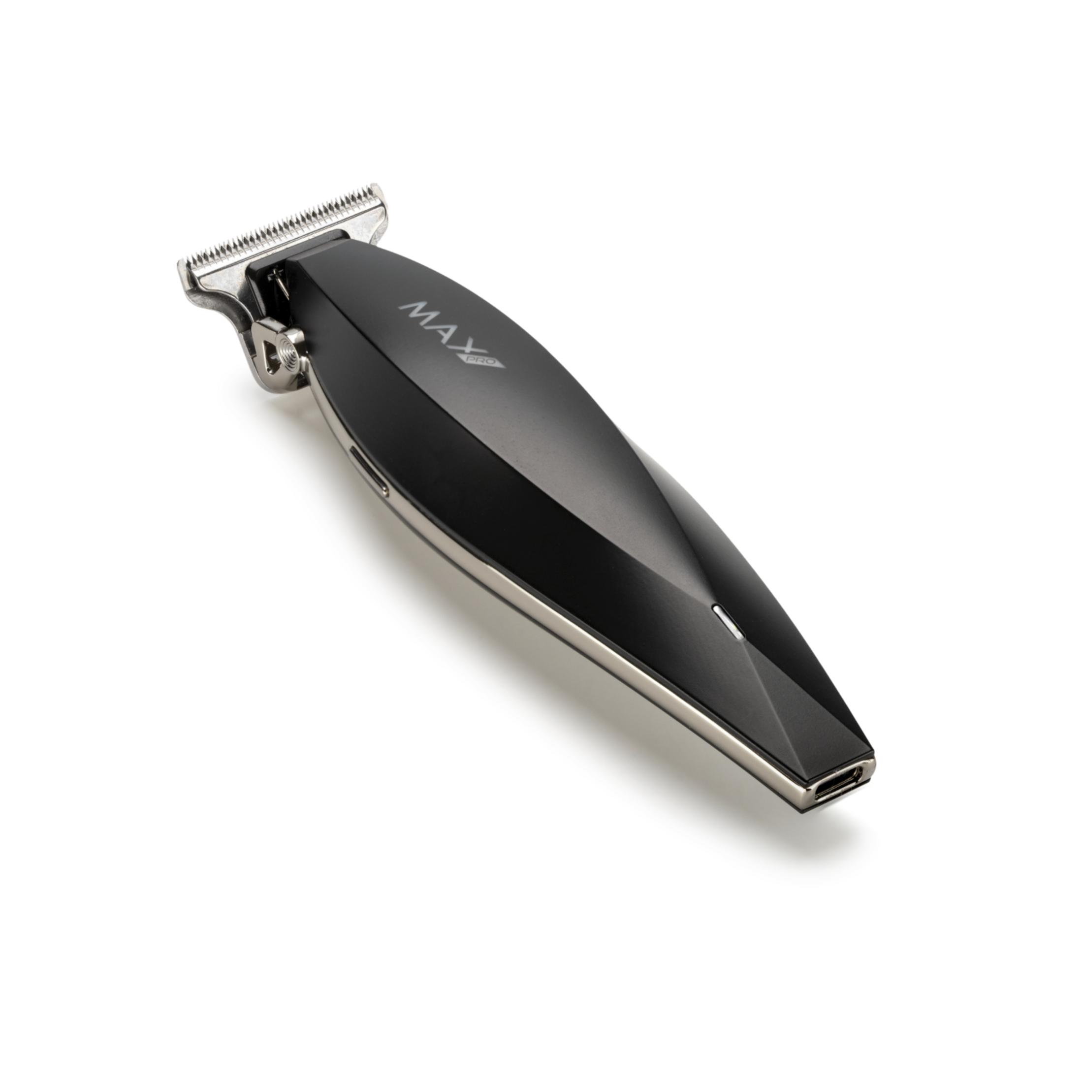 Black hair trimmer with silver accents on a white background.