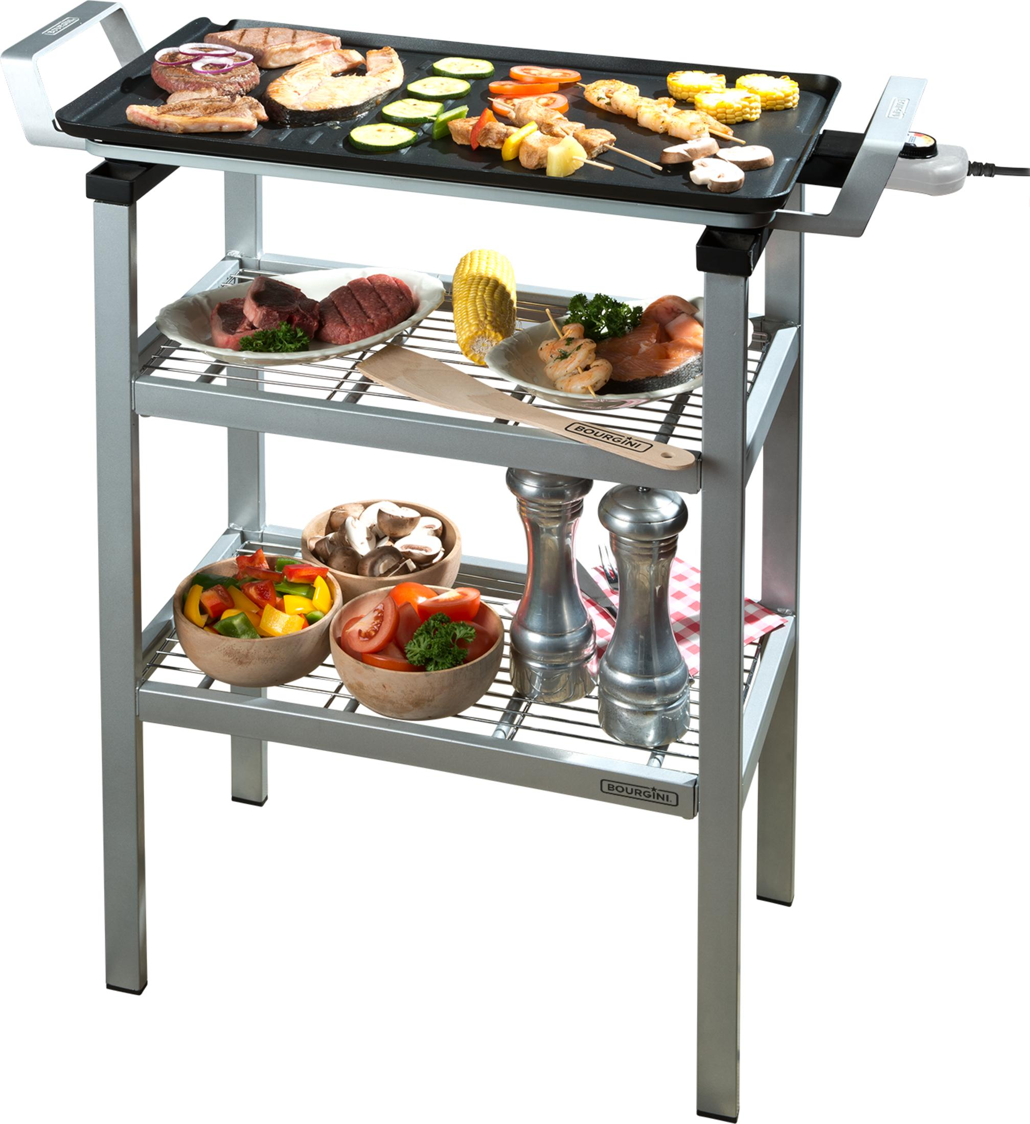 Ein elektrischer Grill mit Fleisch, Fisch, Gemüse und Spießen auf drei Ebenen.