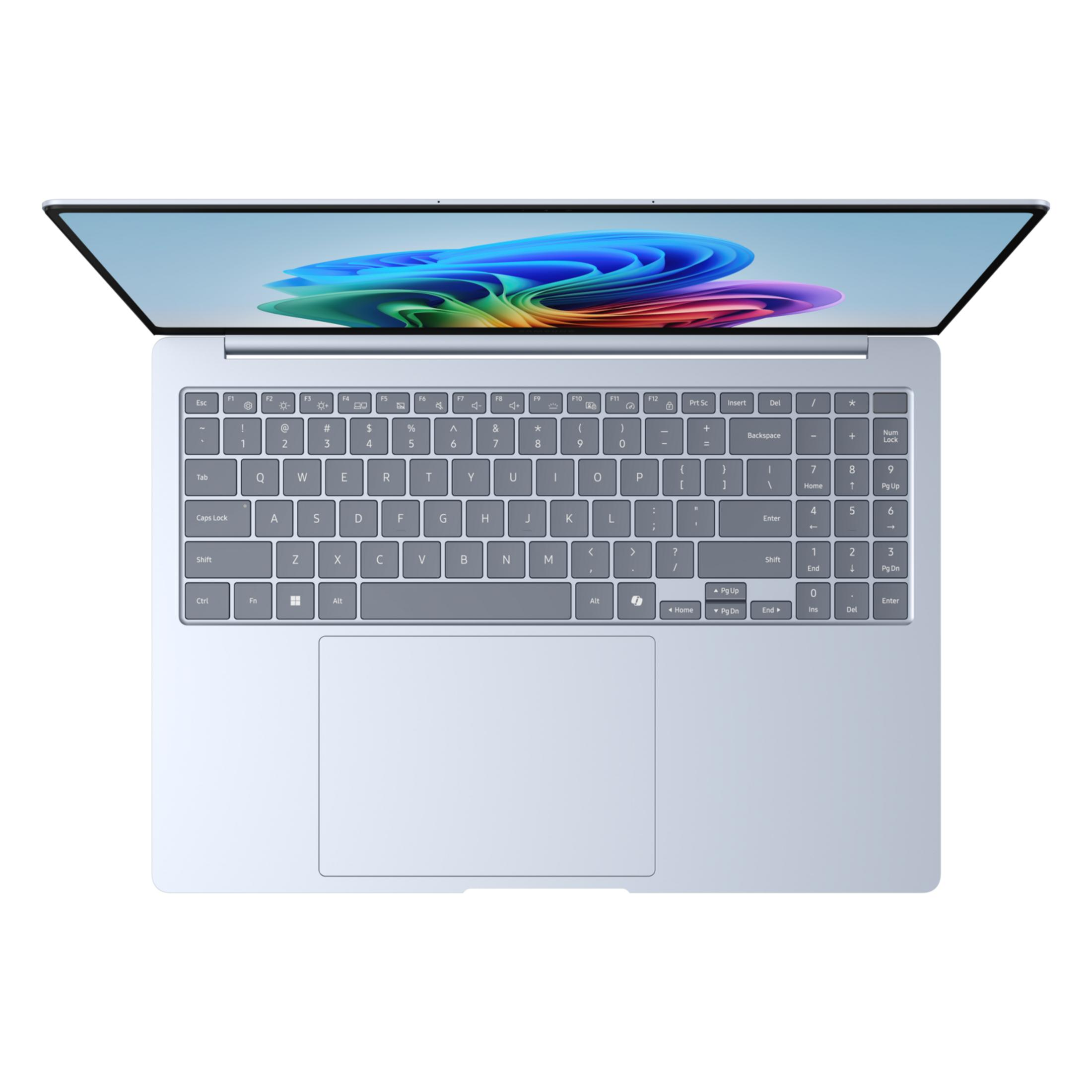 A light blue laptop with its screen open, displaying a vibrant wallpaper.