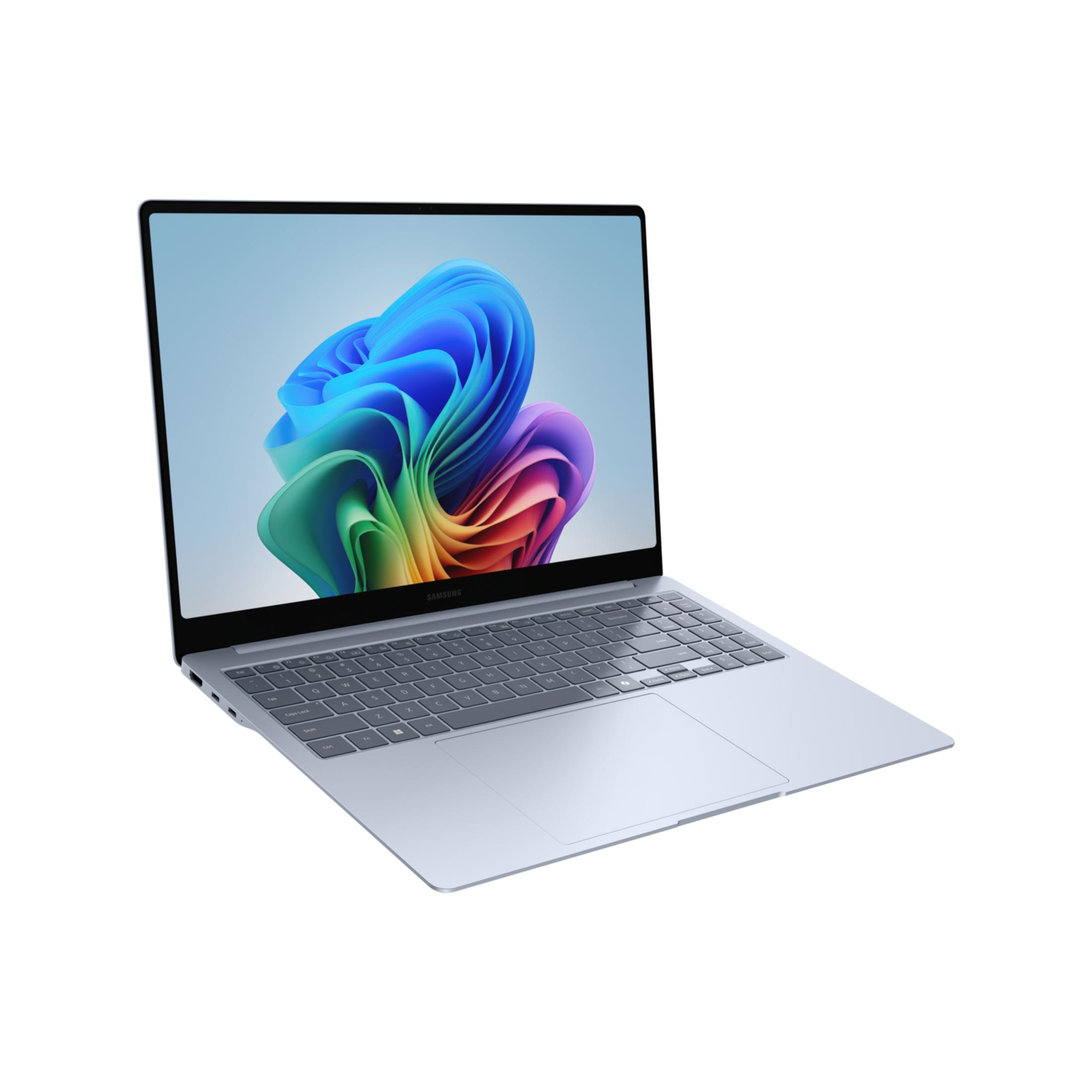 An open, light blue laptop displaying a colorful desktop background on its screen.