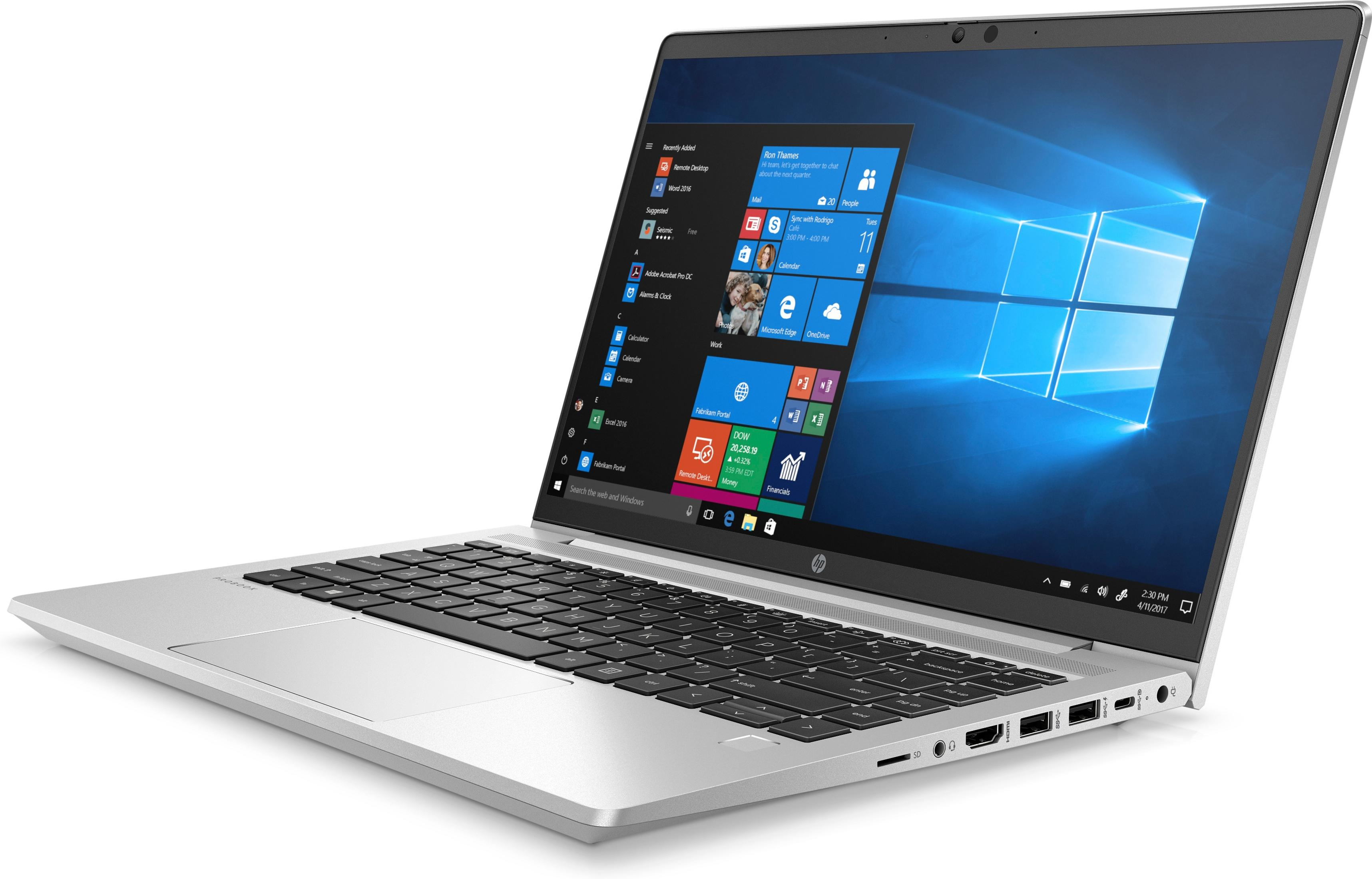 Een zilveren HP ProBook laptop met het scherm open, waarop Windows 10 wordt weergegeven.