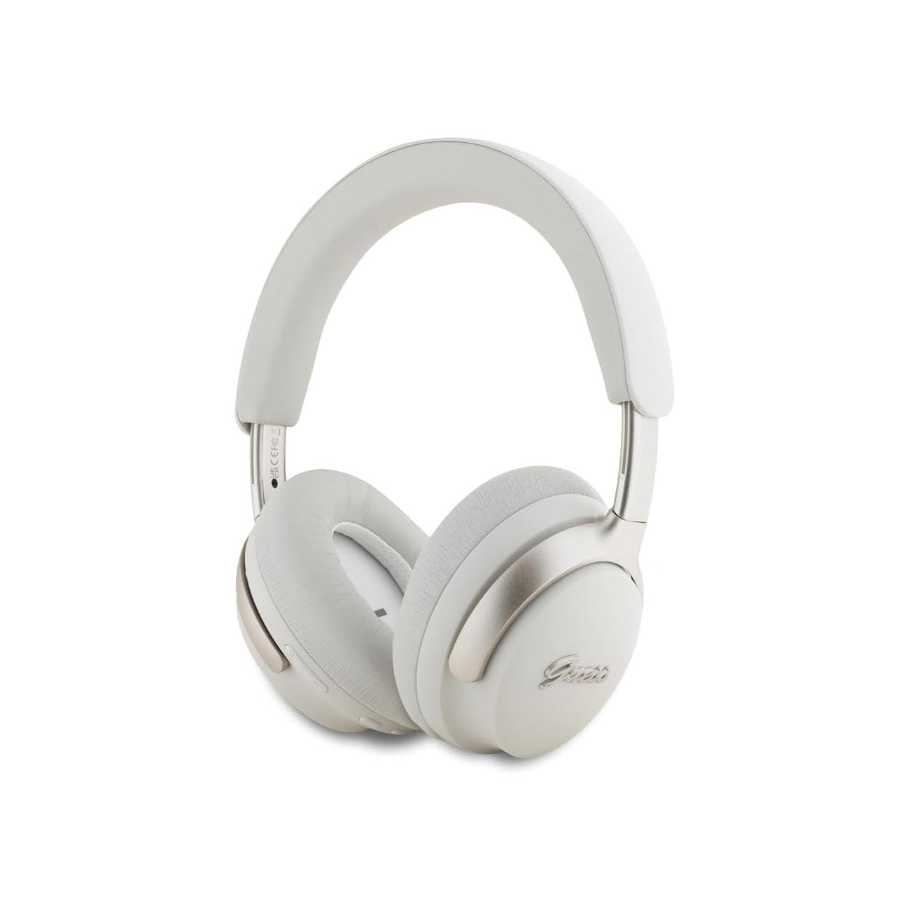 Cuffie bianche over-ear con accenti argentati e nome del marchio.