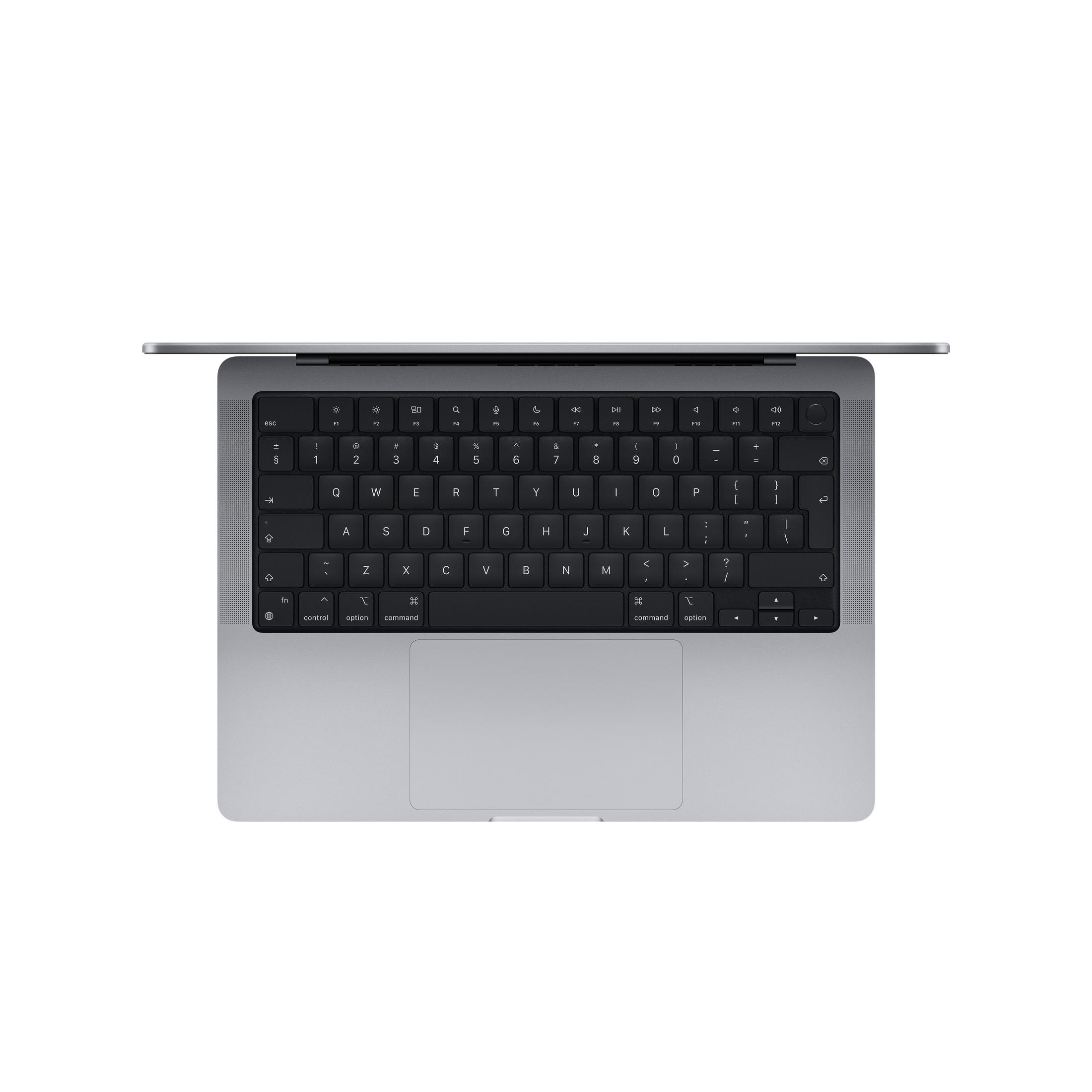 Ein geöffneter grauer Laptop mit schwarzer Tastatur und großem Touchpad auf weißem Hintergrund.