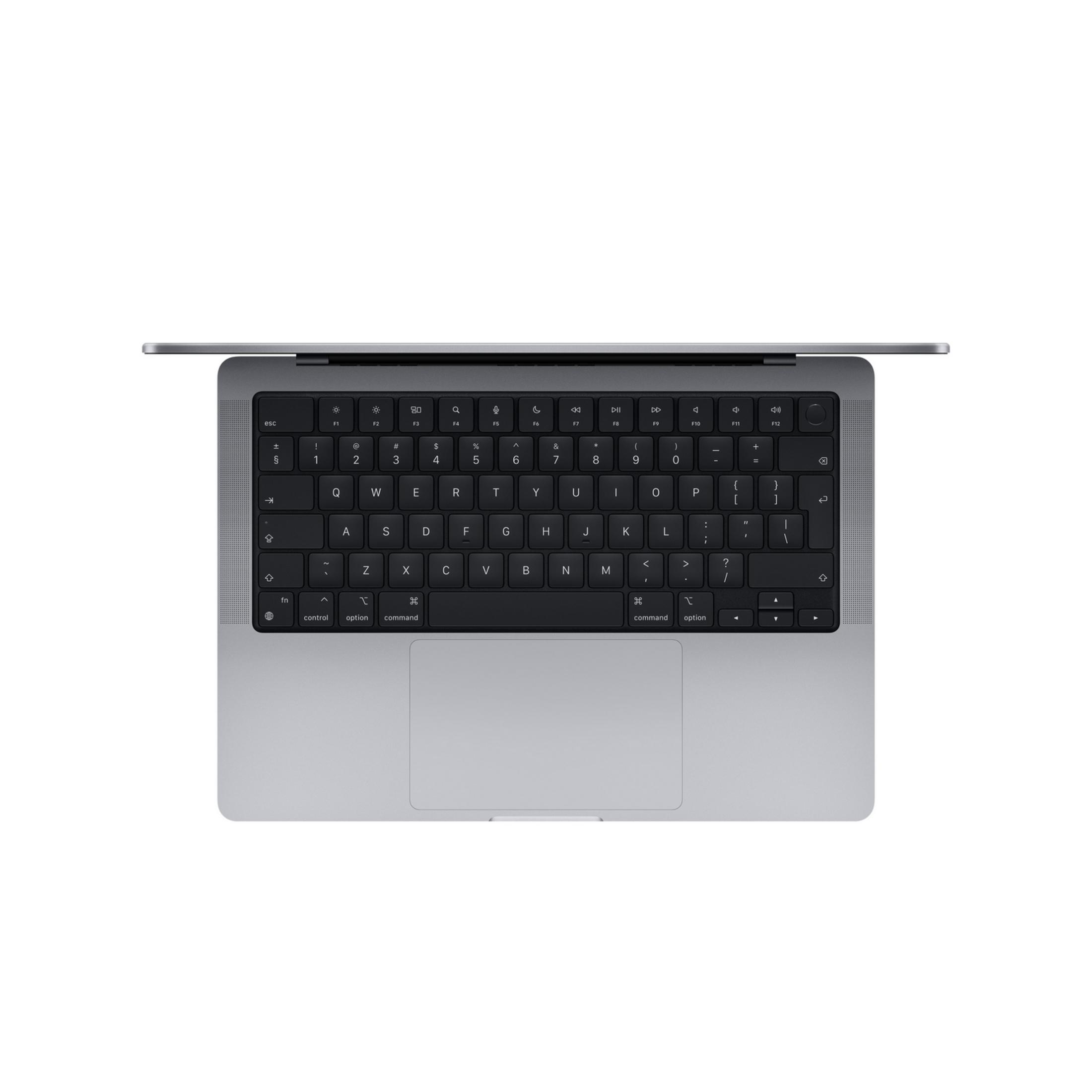 Ein geöffneter grauer Laptop, von oben gesehen, zeigt die Tastatur und das Trackpad.