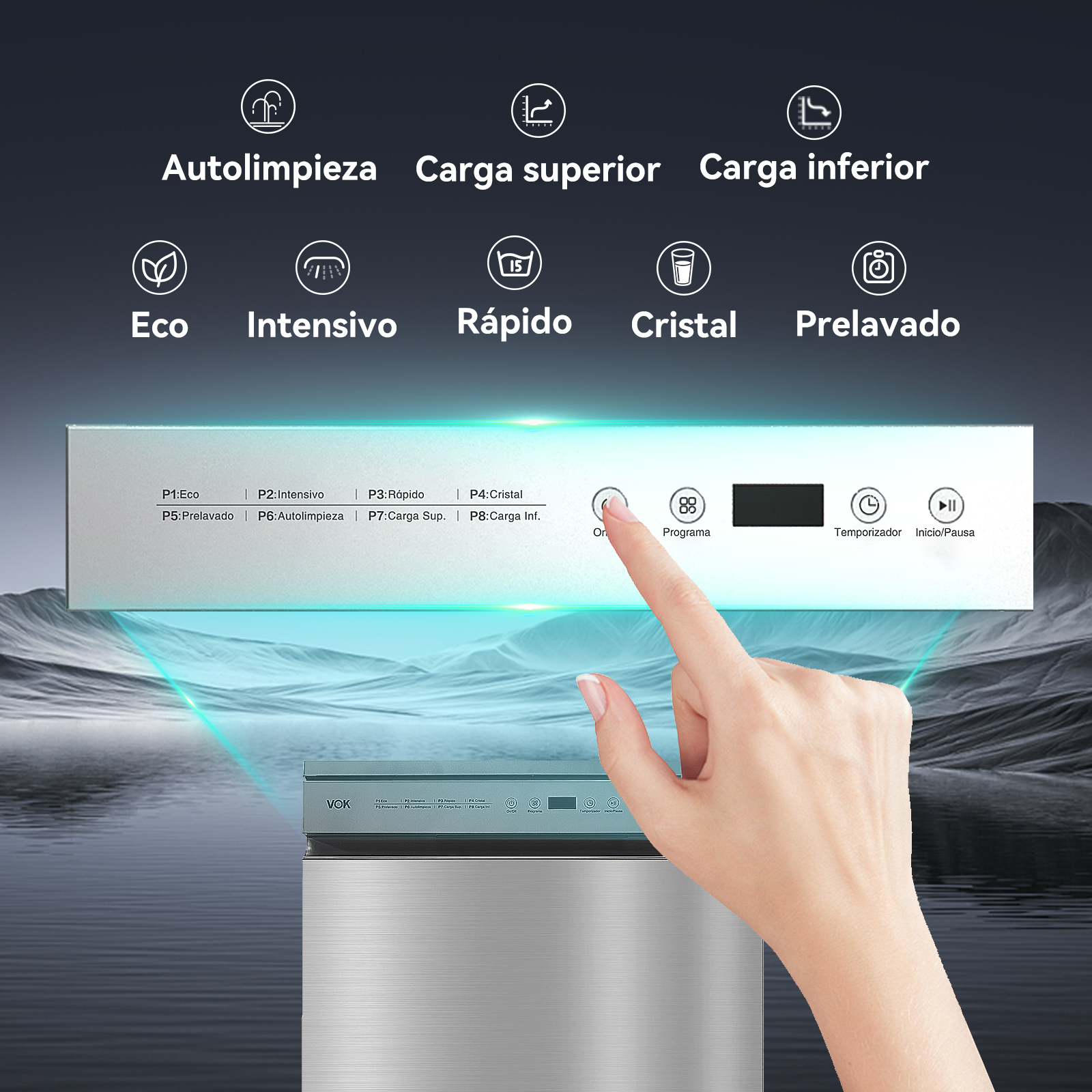Una mano toca el panel de control de un lavavajillas con varios programas.
