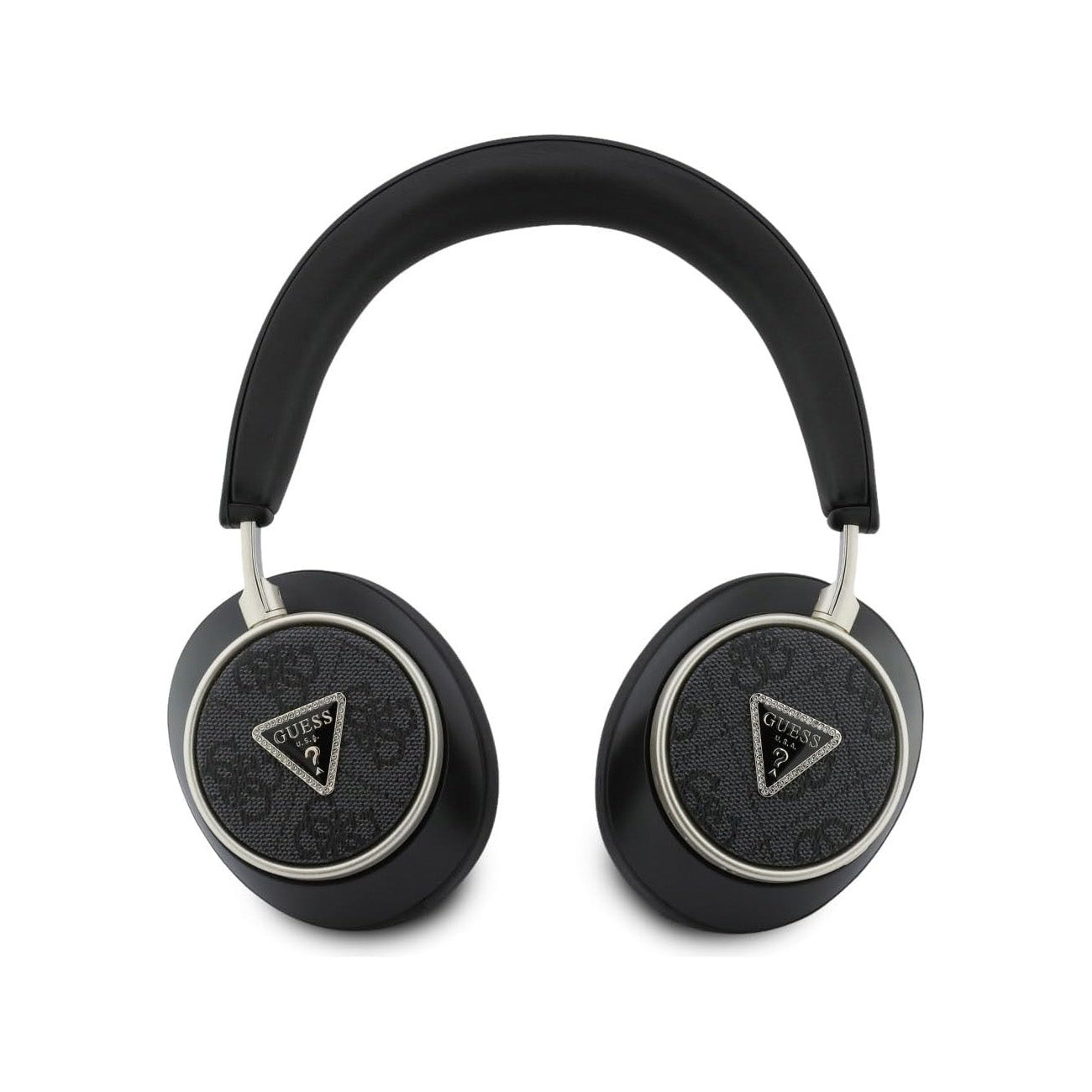 Cuffie nere con accenti argentati e logo GUESS sui padiglioni.