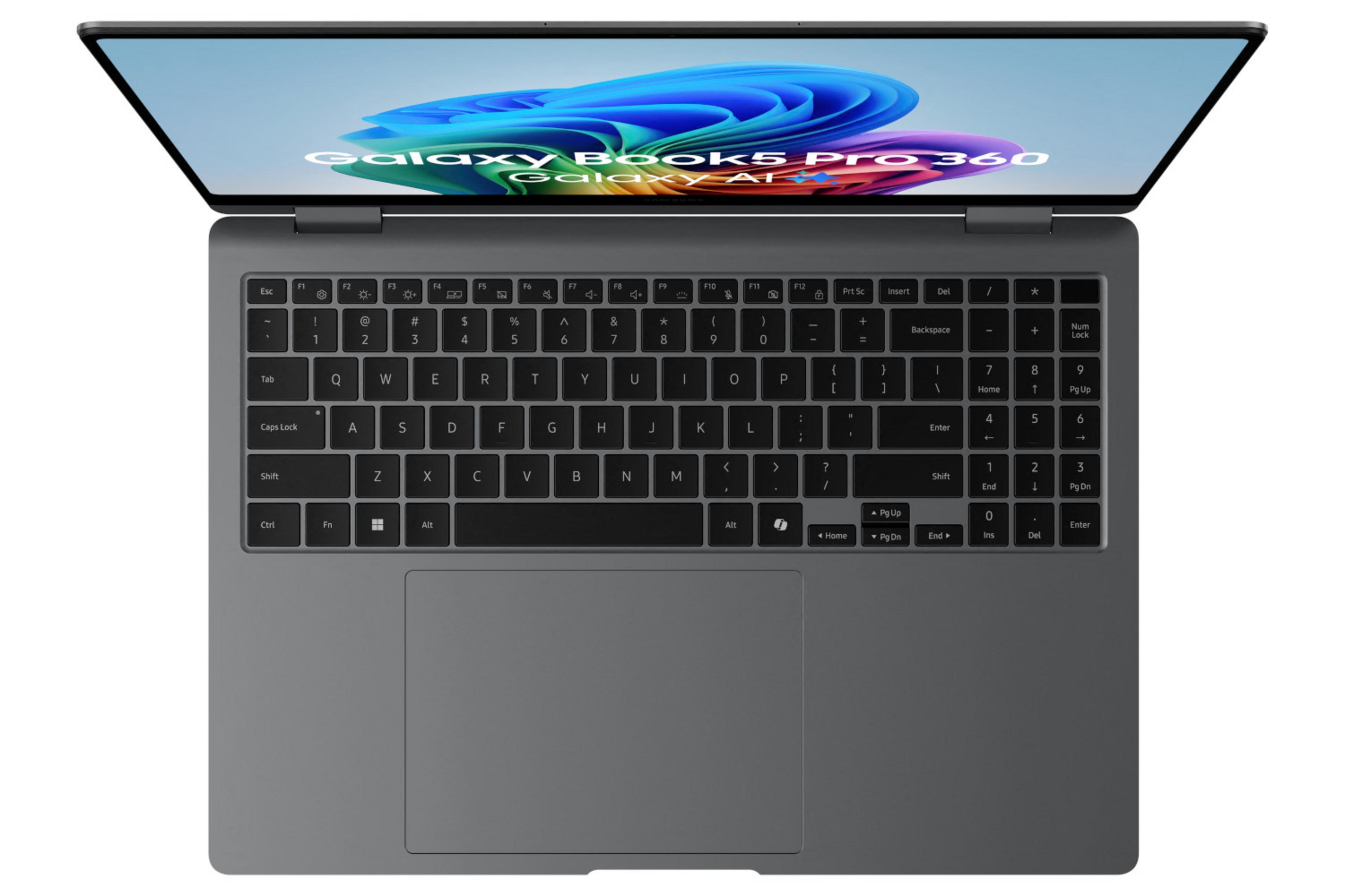 Un ordinateur portable gris ouvert affichant le texte 'Galaxy Book5 Pro 360' sur l'écran.