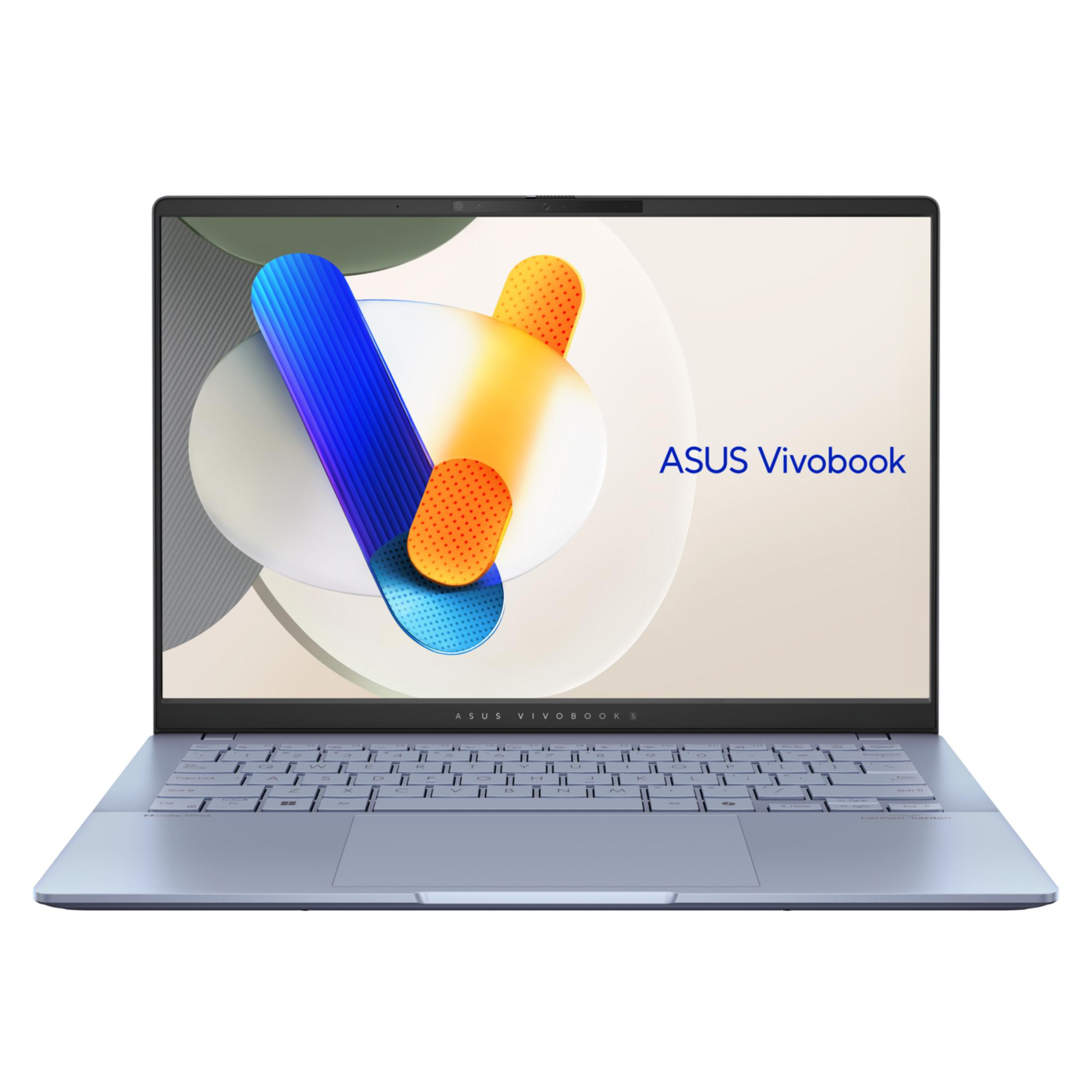 Un ordinateur portable ASUS Vivobook bleu avec un motif abstrait sur son écran.