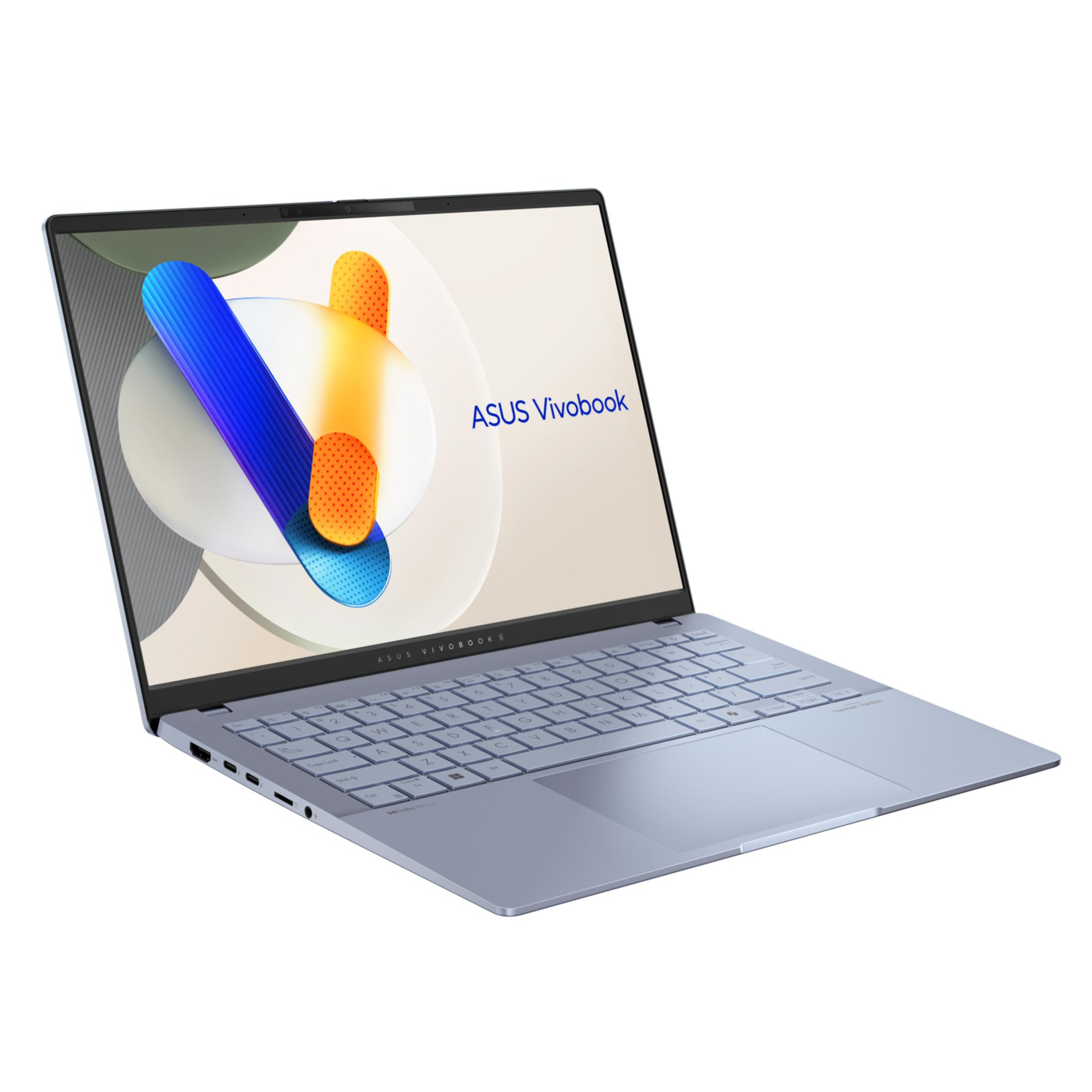 Un ordinateur portable Asus Vivobook bleu clair est montré en angle. L'écran affiche des formes abstraites et le nom de la marque.