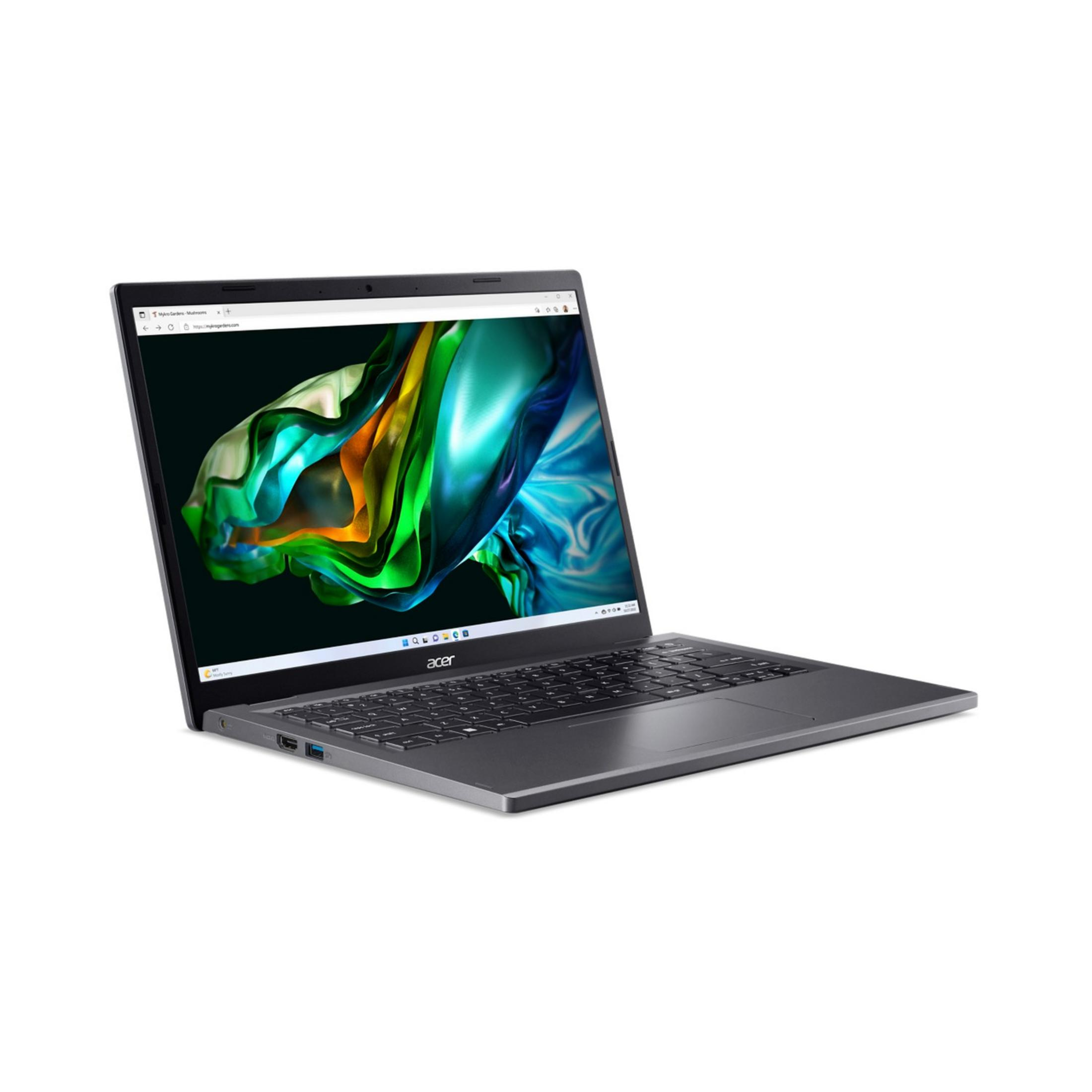 An open Acer laptop displaying a colorful, flowing wallpaper on its screen.