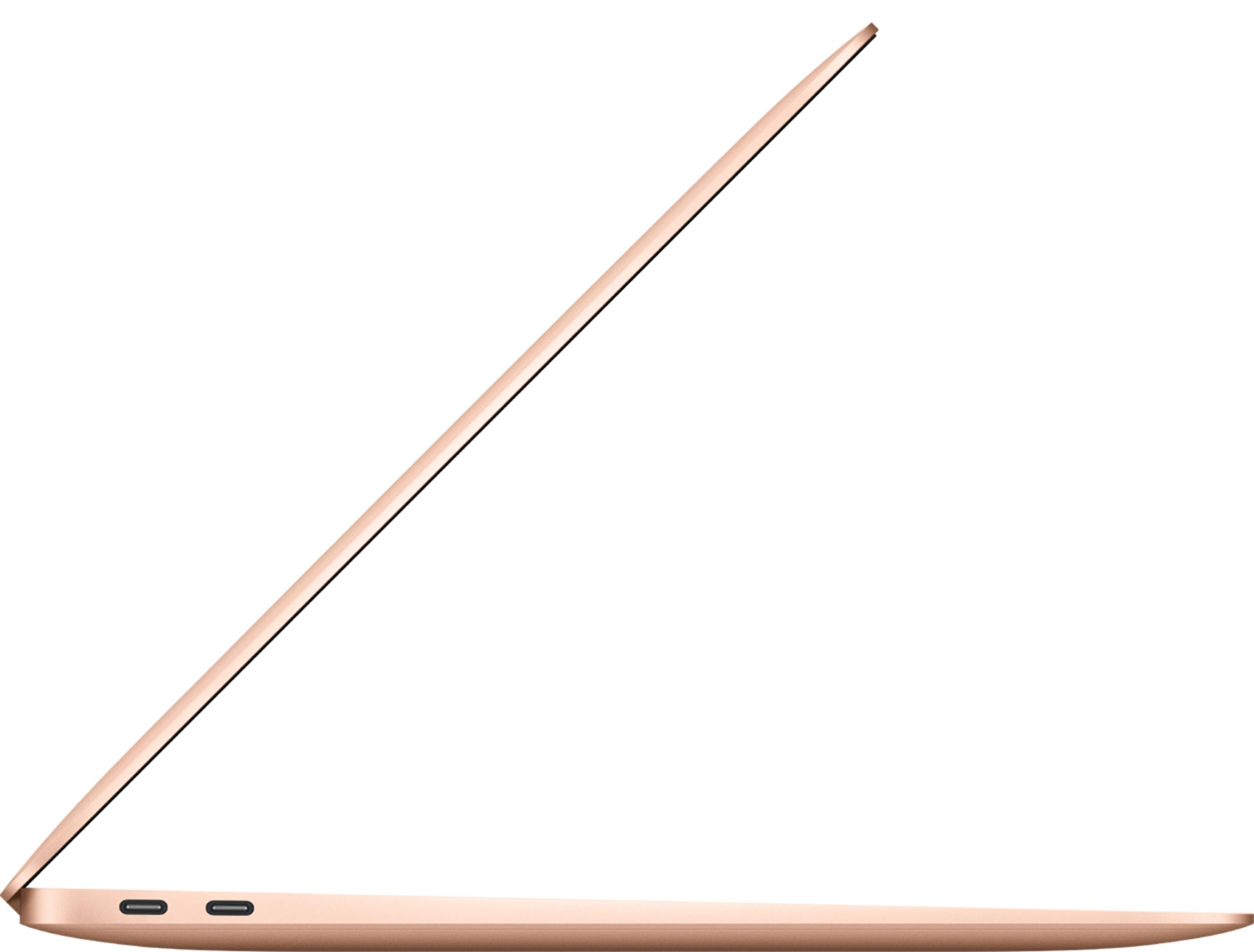 Un MacBook color oro rosa en perfil lateral, mostrando dos puertos USB-C.