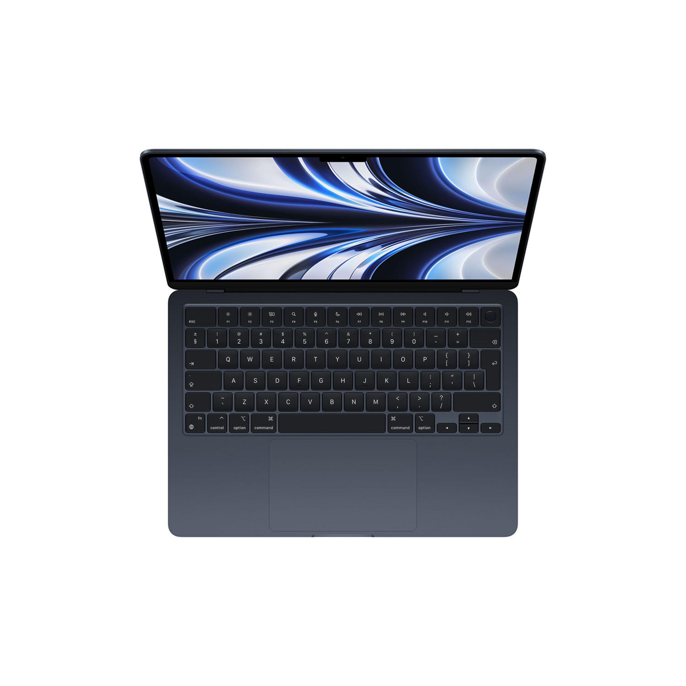 Laptop blu scuro con schermo aperto che mostra un motivo astratto blu.