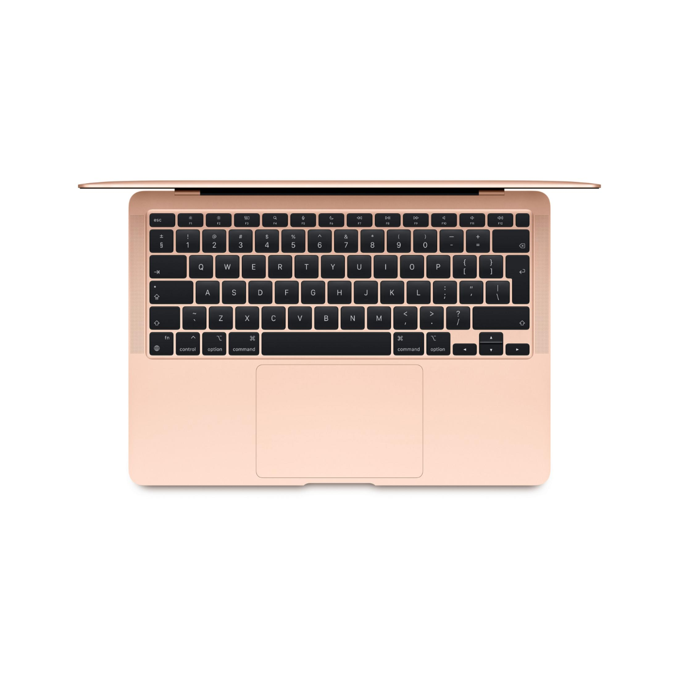 Un MacBook Air color oro rosa yace plano sobre un fondo blanco.