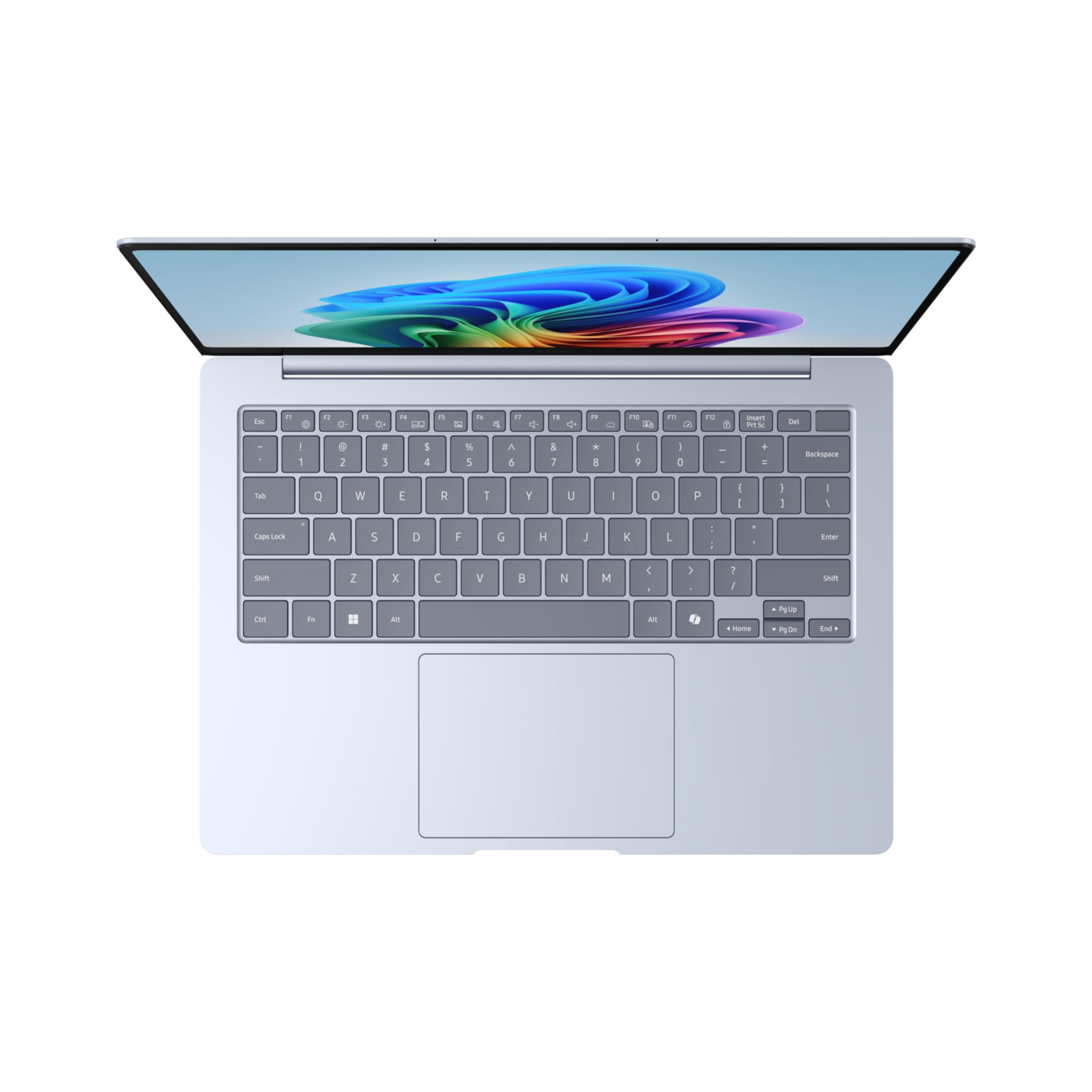 A light blue laptop with its screen open, displaying an abstract graphic.