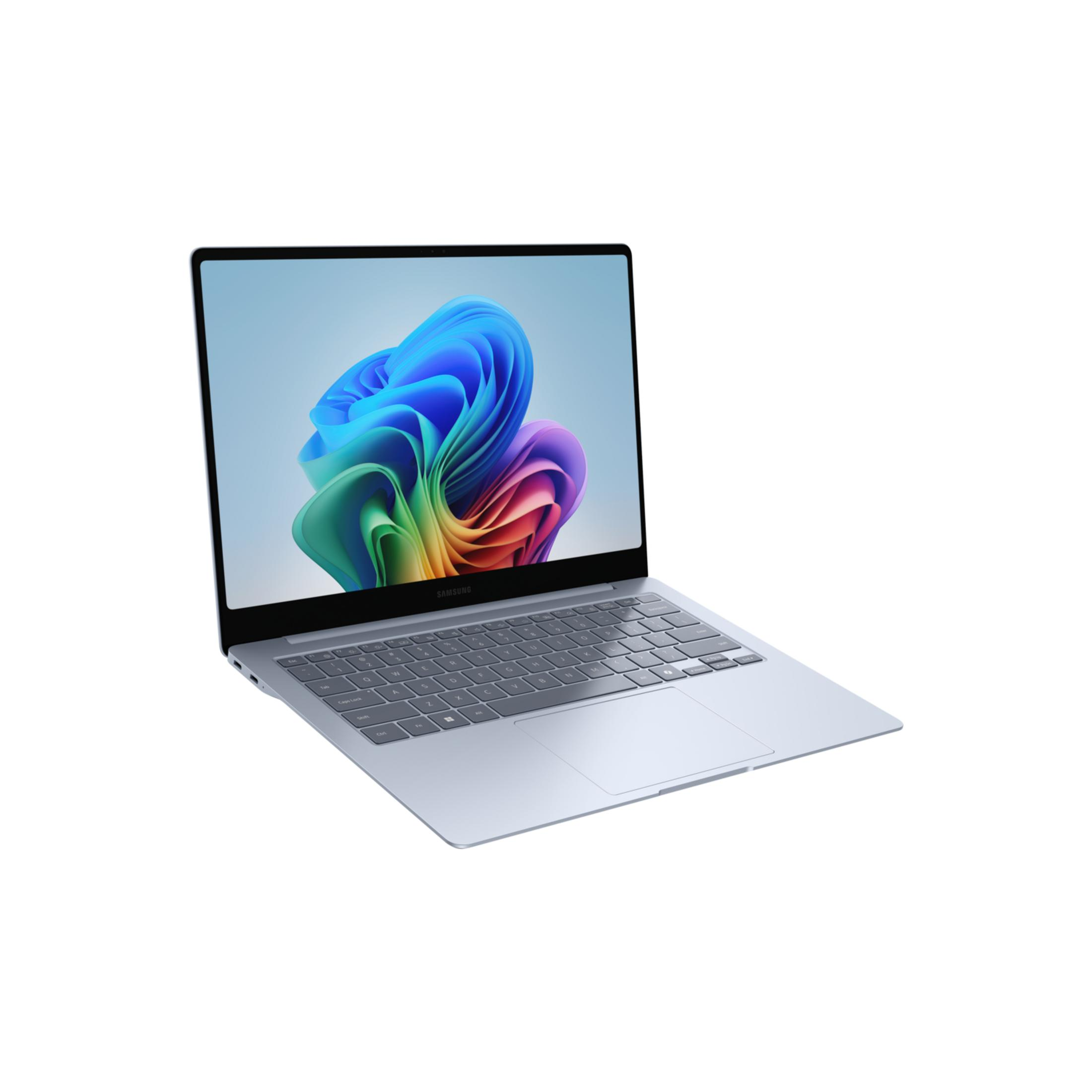 An open, light blue laptop displaying a colorful wallpaper on its screen.