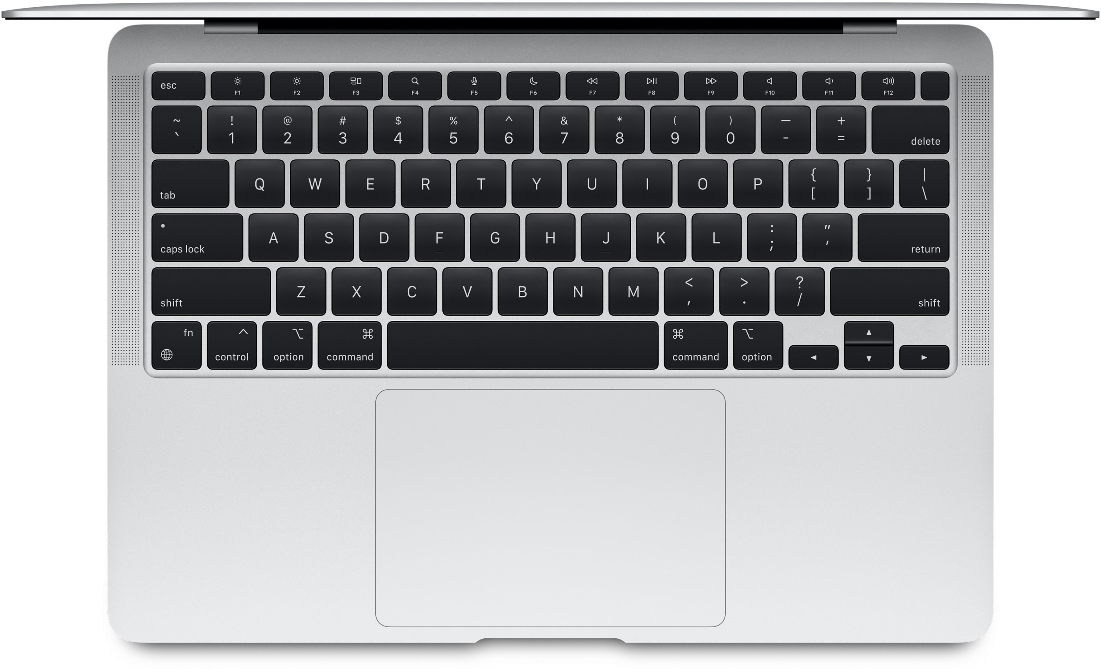 Eine silberne Laptop-Tastatur und ein Trackpad. Fokus liegt auf Tasten und Touch-Fläche.