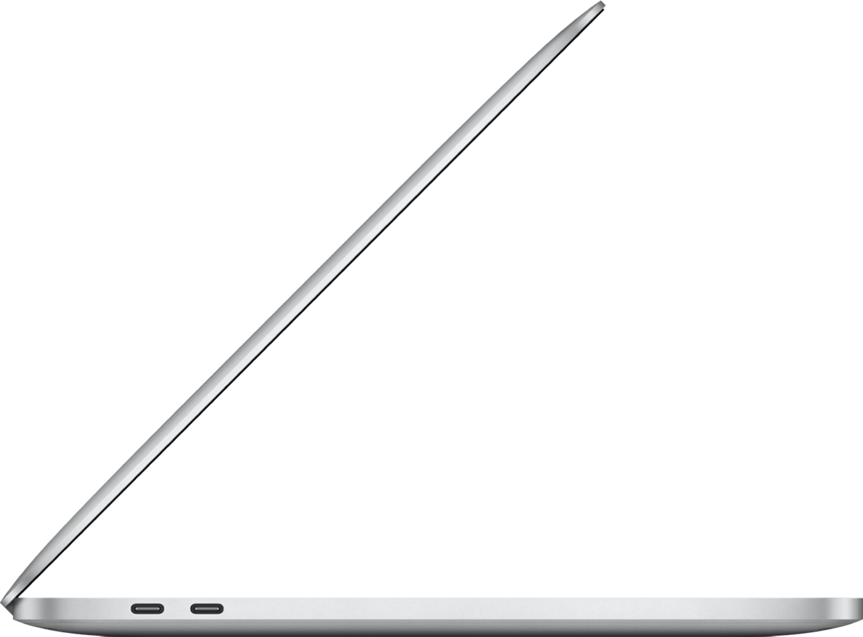 Laptop argento, vista laterale, con due porte USB-C sul bordo.