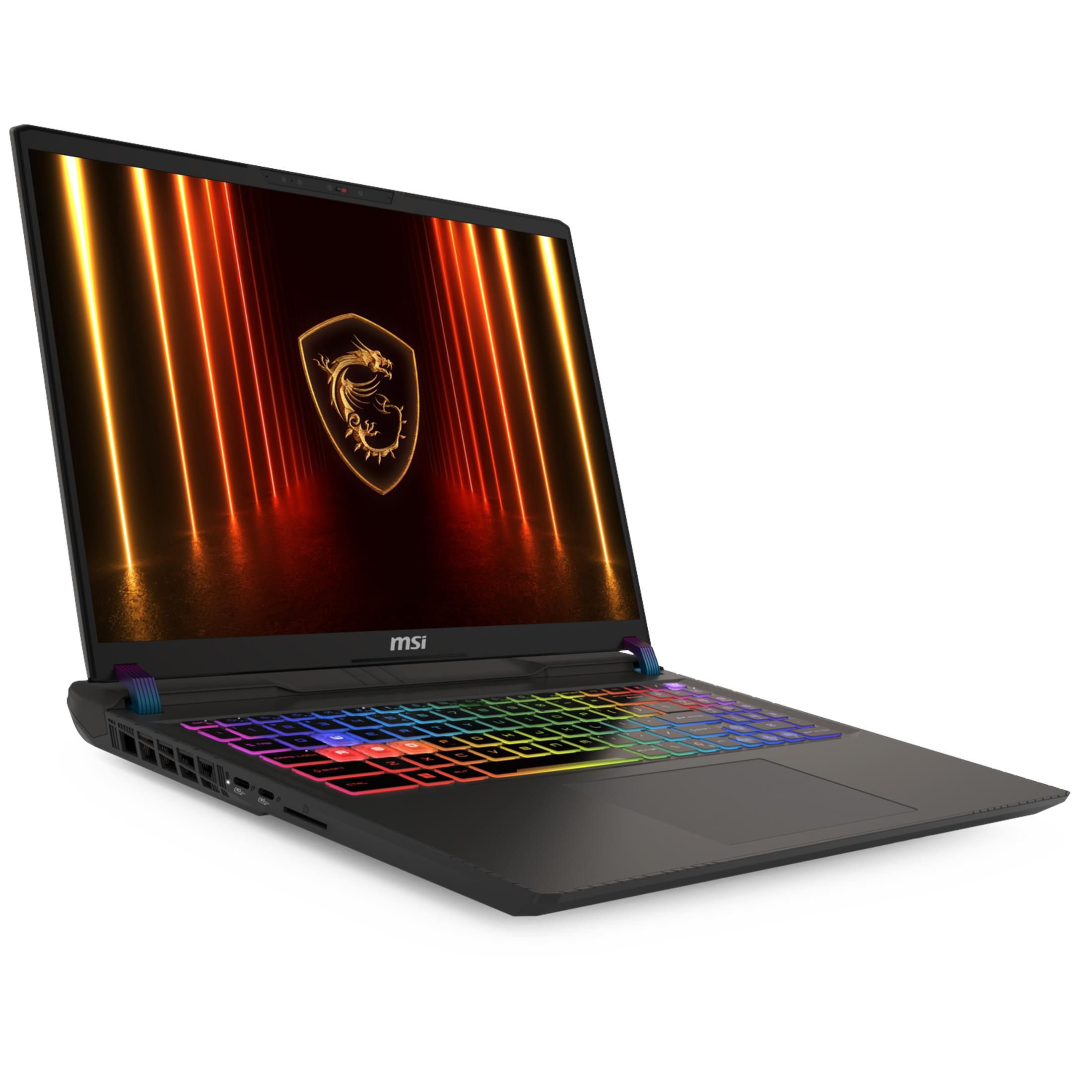 Un ordinateur portable noir avec clavier rétroéclairé arc-en-ciel et logo dragon MSI.