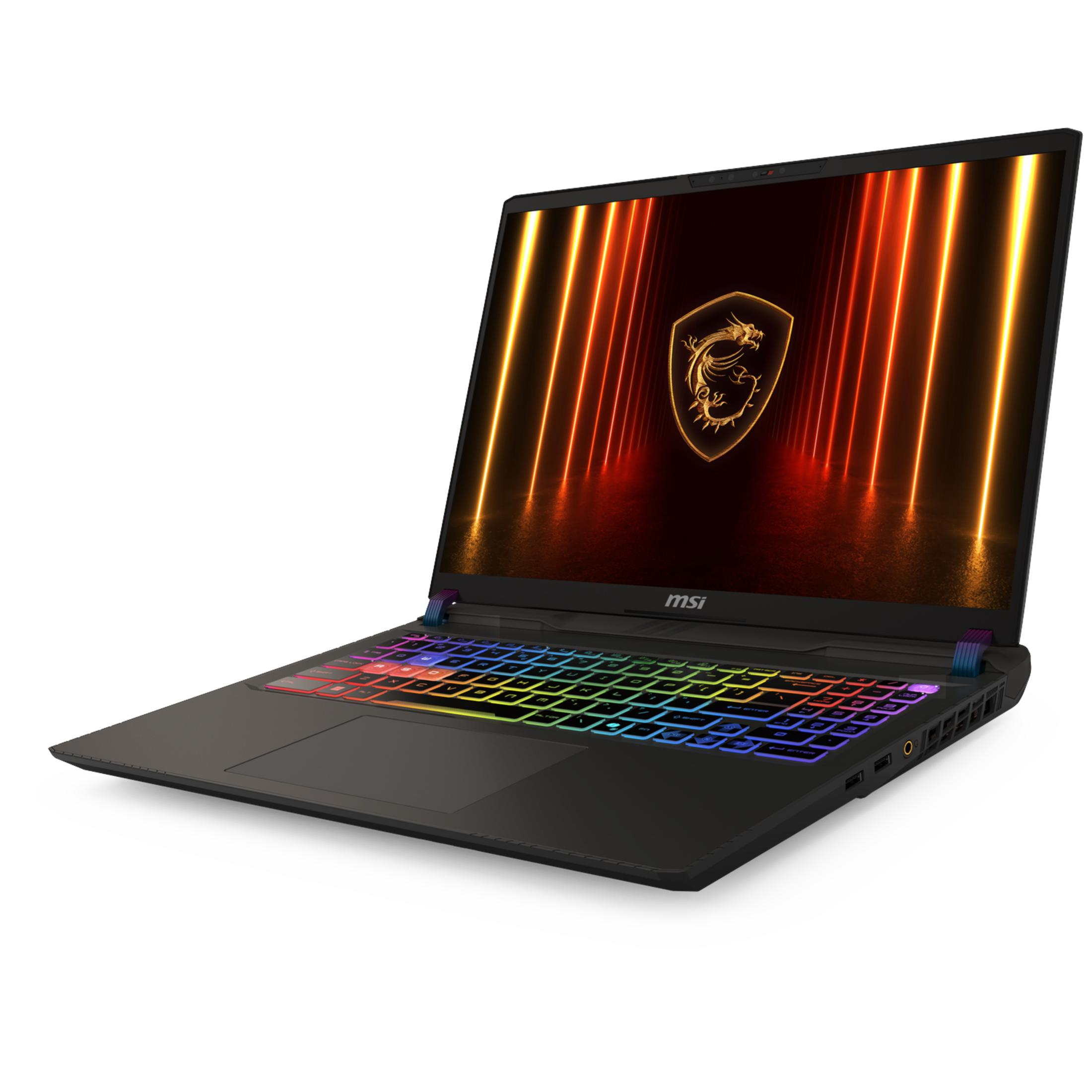 Un ordinateur portable MSI noir avec clavier rétroéclairé arc-en-ciel et logo dragon.