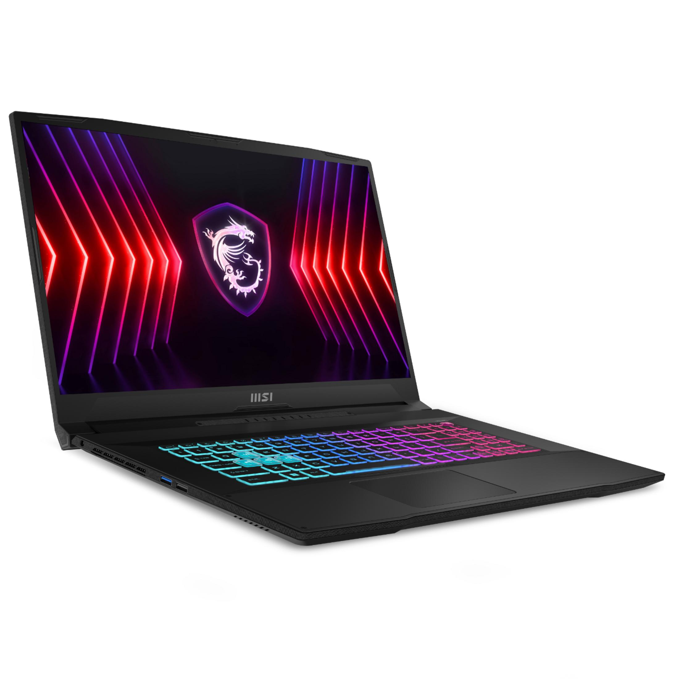 Ordinateur portable noir avec clavier rétroéclairé et logo dragon MSI à l'écran.
